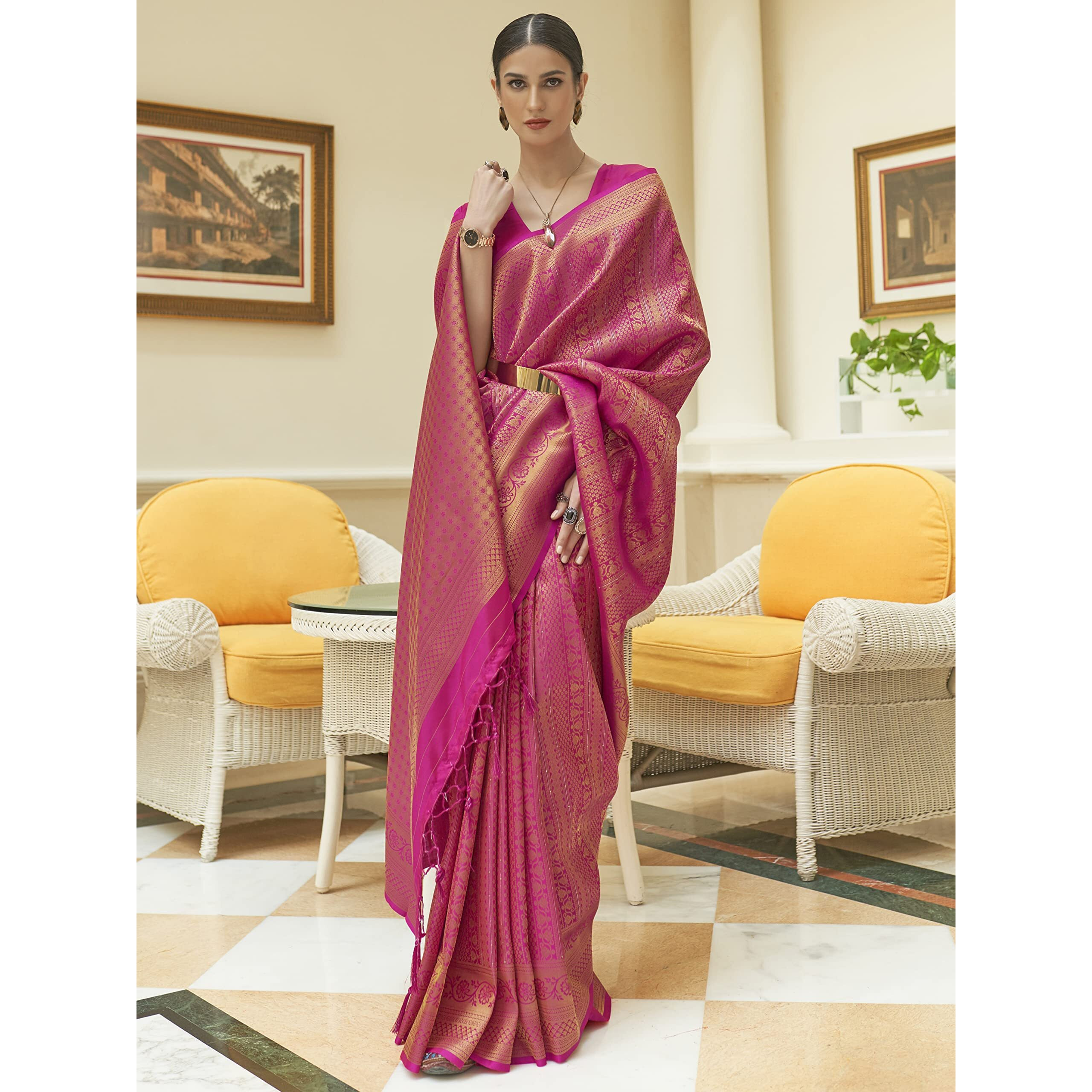 AKHILAM Womens Kanjeevaram Silk Embroidered Woven Zari Work saree With Unstitched Blouse Piece (Pink_KSHF235008)