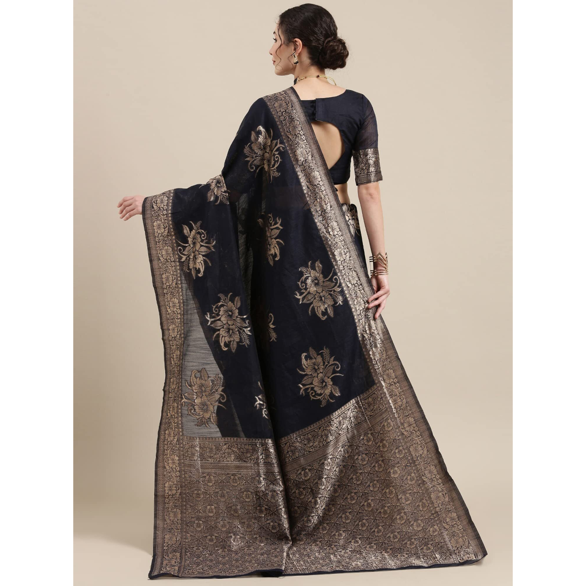 AKHILAM Womens Linen Woven Design Saree With Unstitched Blouse Piece (Navy blue_LNJCQ09E)