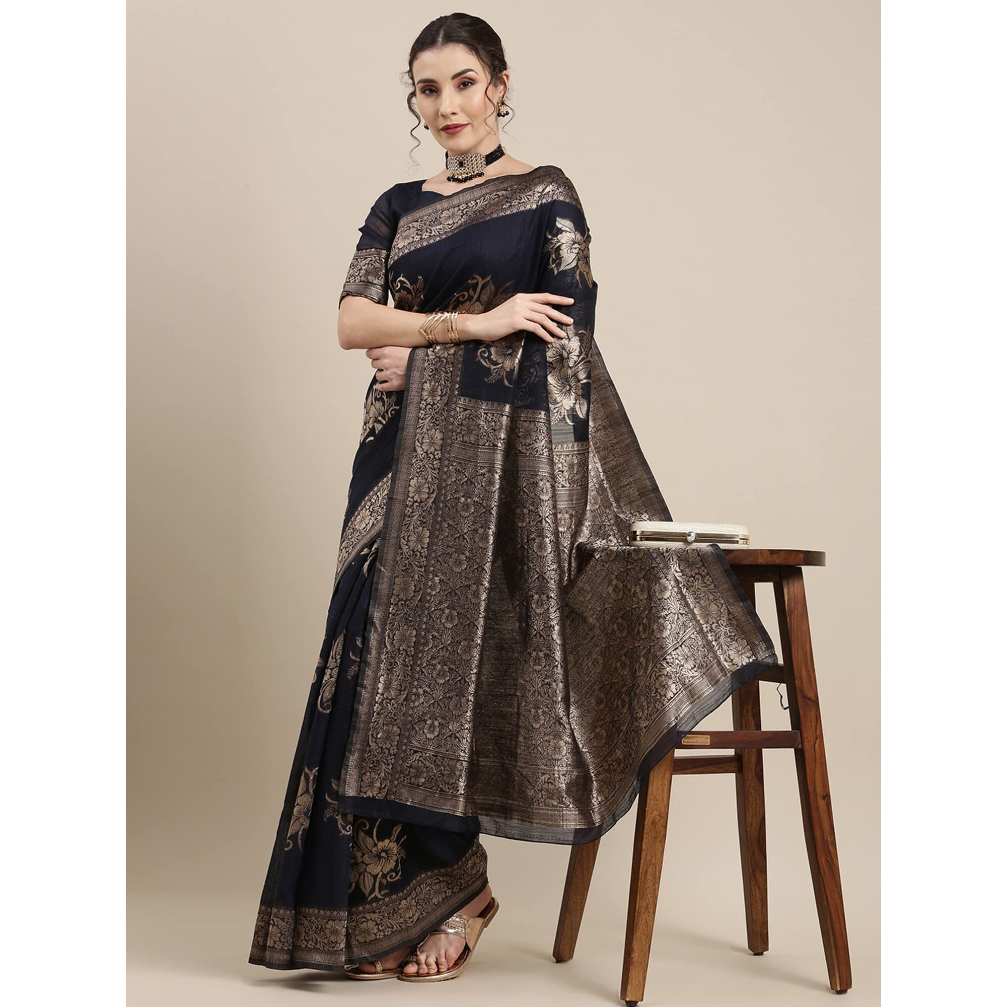 AKHILAM Womens Linen Woven Design Saree With Unstitched Blouse Piece (Navy blue_LNJCQ09E)