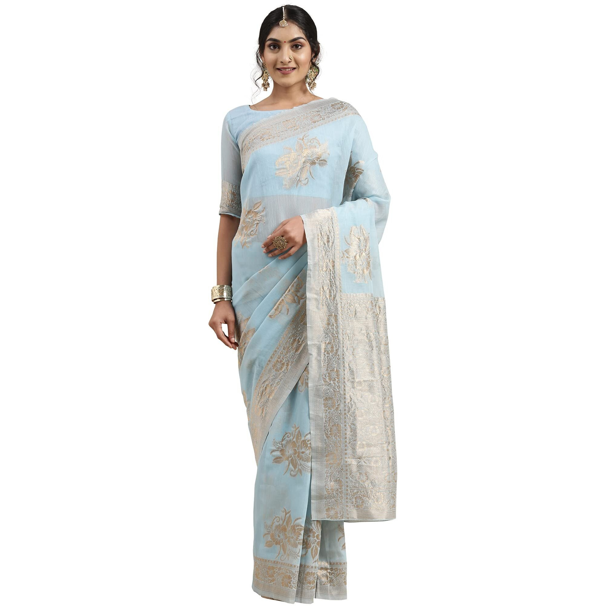 AKHILAM Womens Linen Floral Woven Design Banarasi Saree with Unstitched Blouse Piece (Turquoise_LNJCQ09K)