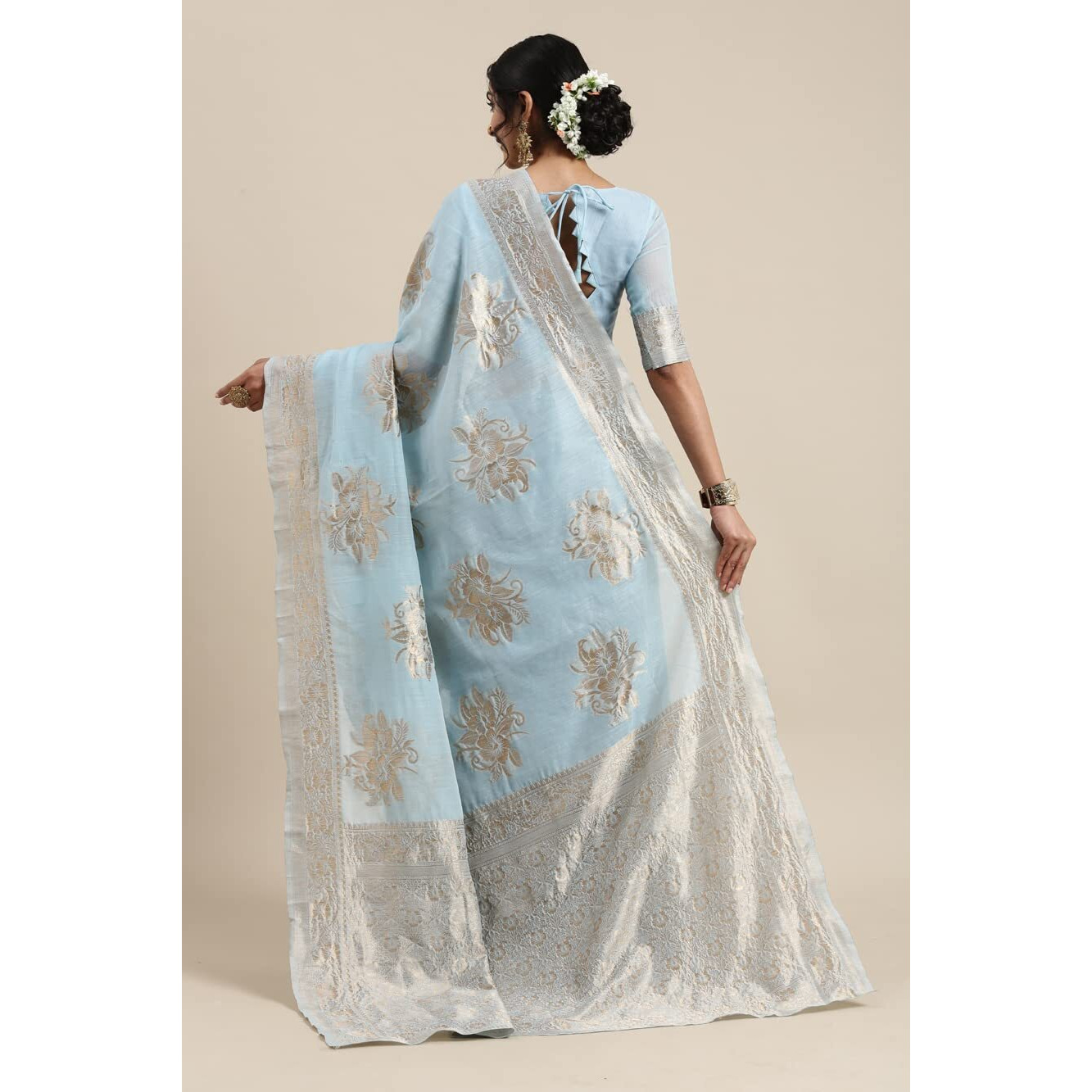 AKHILAM Womens Linen Floral Woven Design Banarasi Saree with Unstitched Blouse Piece (Turquoise_LNJCQ09K)