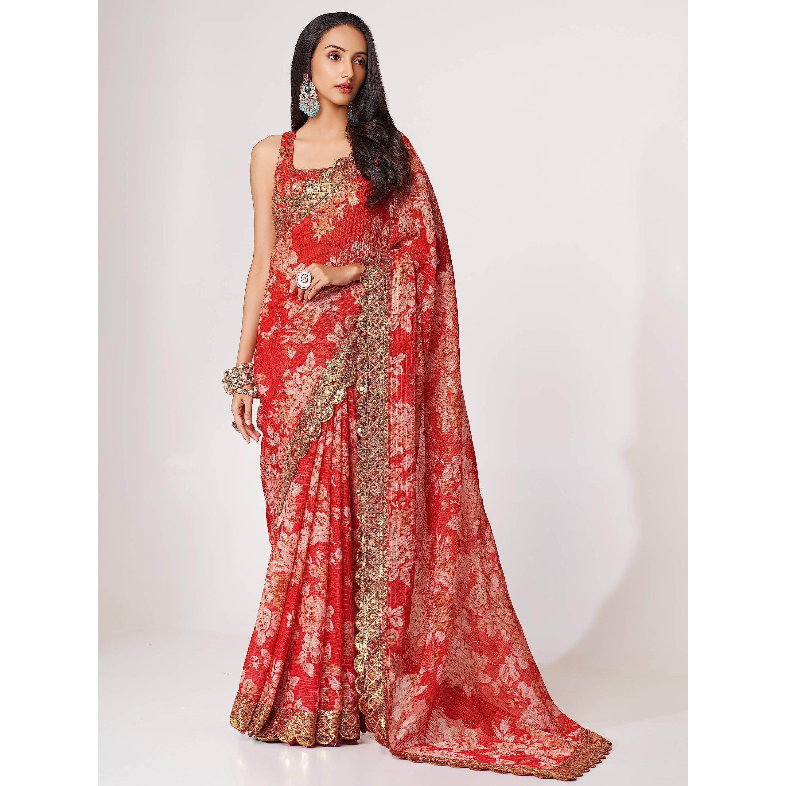 Zeel Clothing Womens Floral Organza Heavy Sequins Saree with Blouse (1107-Red-Floral-Party-Wedding-Saree, Free Size) (Red)