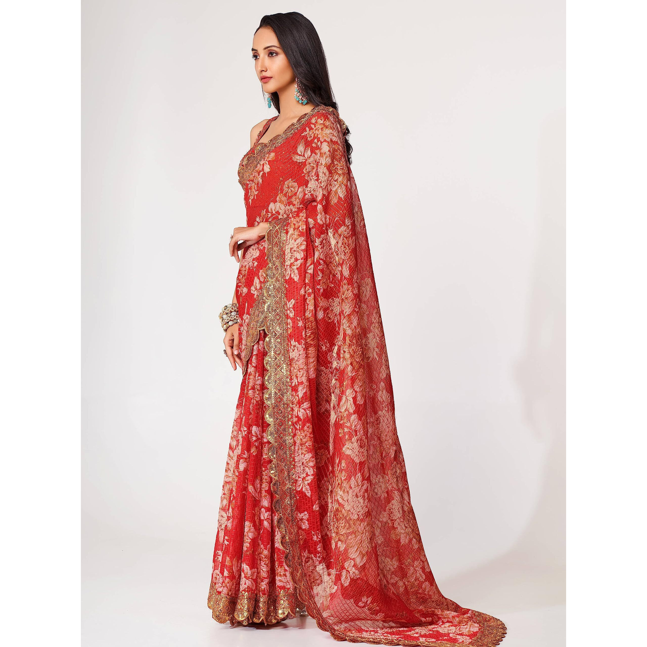 Zeel Clothing Womens Floral Organza Heavy Sequins Saree with Blouse (1107-Red-Floral-Party-Wedding-Saree, Free Size) (Red)