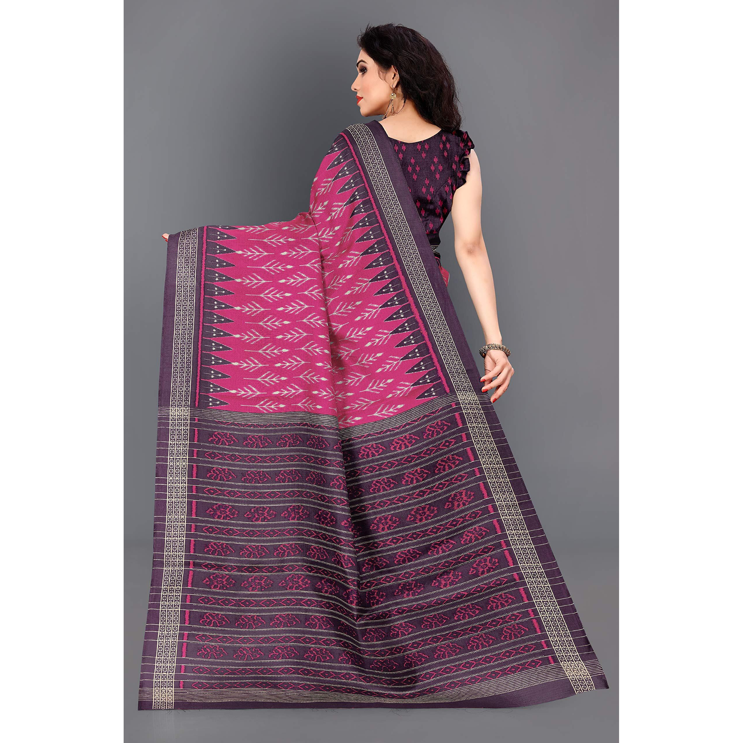 SOURBH Womens Art Silk Ikat Dyed Printed Saree with Blouse Piece (22082-Pink, Wine)