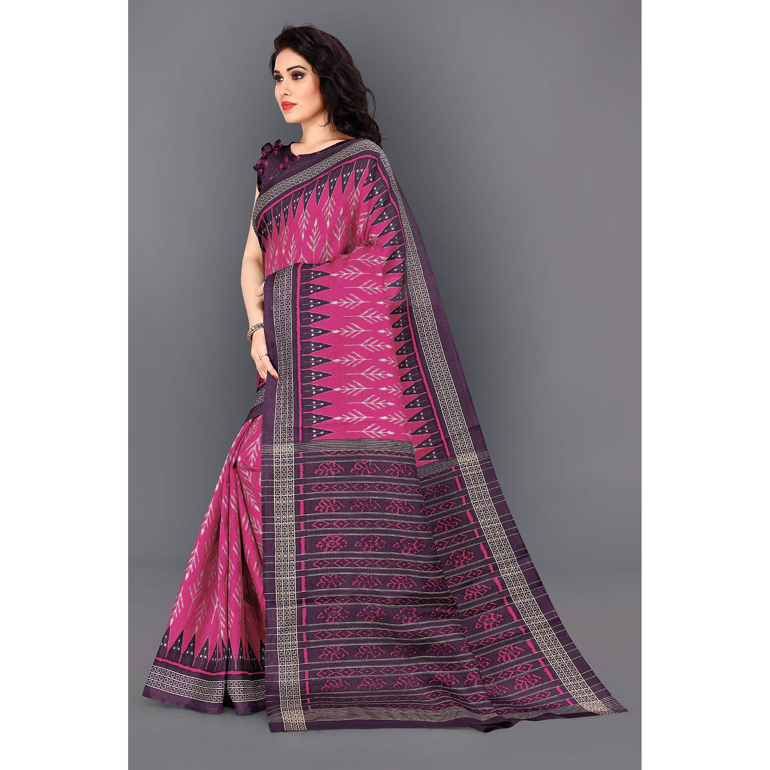 SOURBH Womens Art Silk Ikat Dyed Printed Saree with Blouse Piece (22082-Pink, Wine)