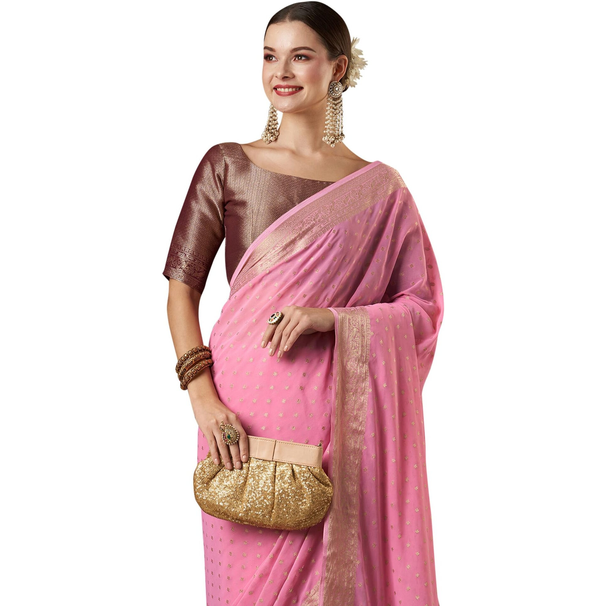 AKHILAM Womens Woven Design Ethnic Motif Georgette Kanjeevaram Saree With Unstiched Blouse Piece (Pink_ARYA6004_FL)