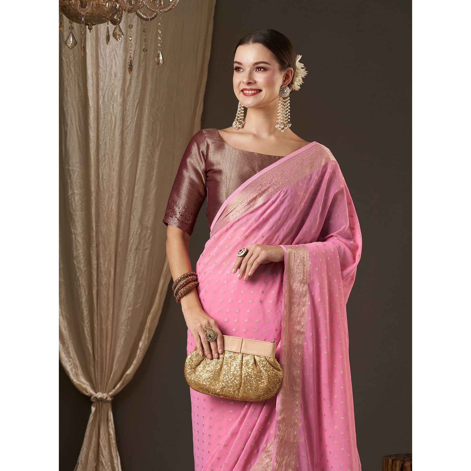 AKHILAM Womens Woven Design Ethnic Motif Georgette Kanjeevaram Saree With Unstiched Blouse Piece (Pink_ARYA6004_FL)