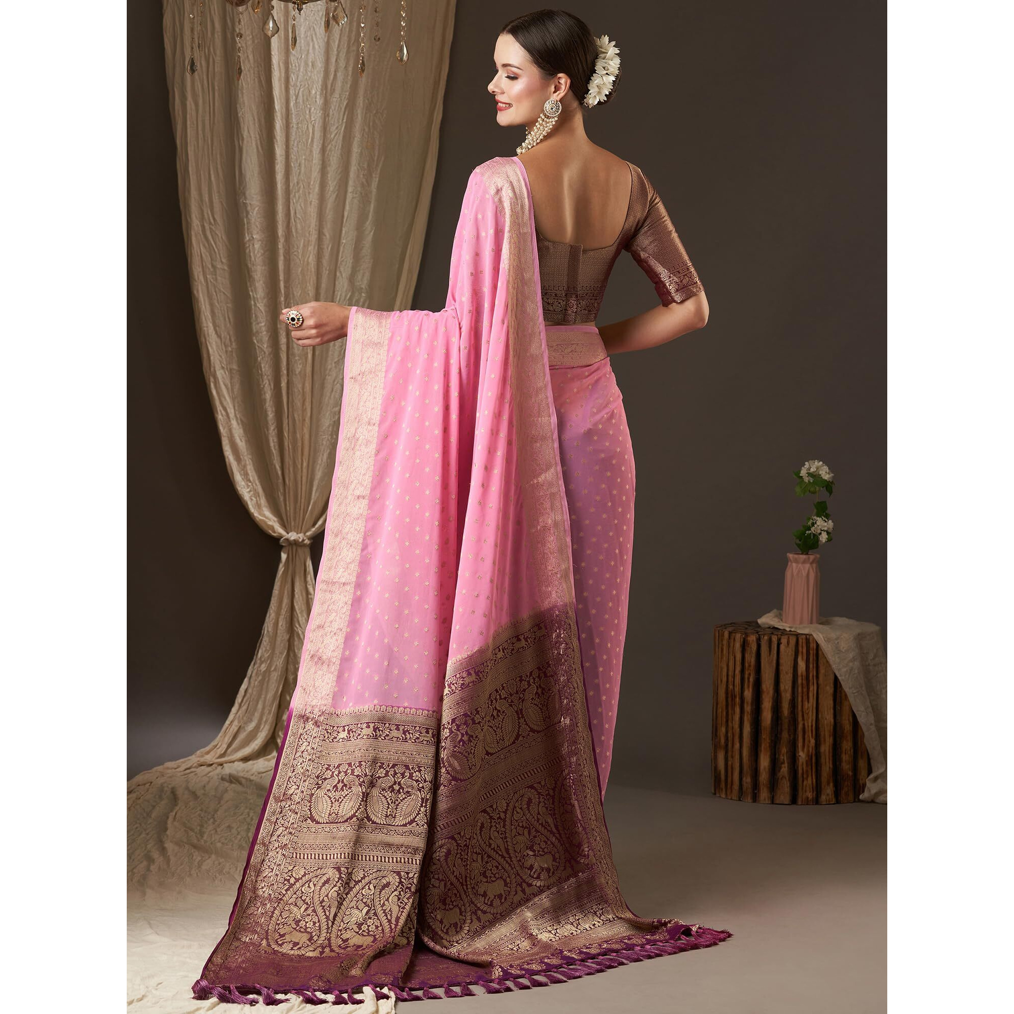 AKHILAM Womens Woven Design Ethnic Motif Georgette Kanjeevaram Saree With Unstiched Blouse Piece (Pink_ARYA6004_FL)