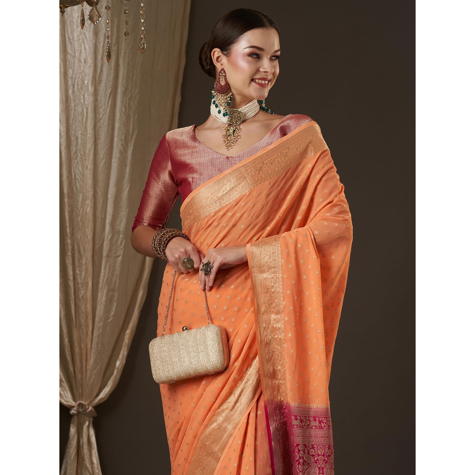 AKHILAM Womens Woven Design Ethnic Motif Georgette Kanjeevaram Saree With Unstiched Blouse Piece (Peach_ARYA6001_FL)