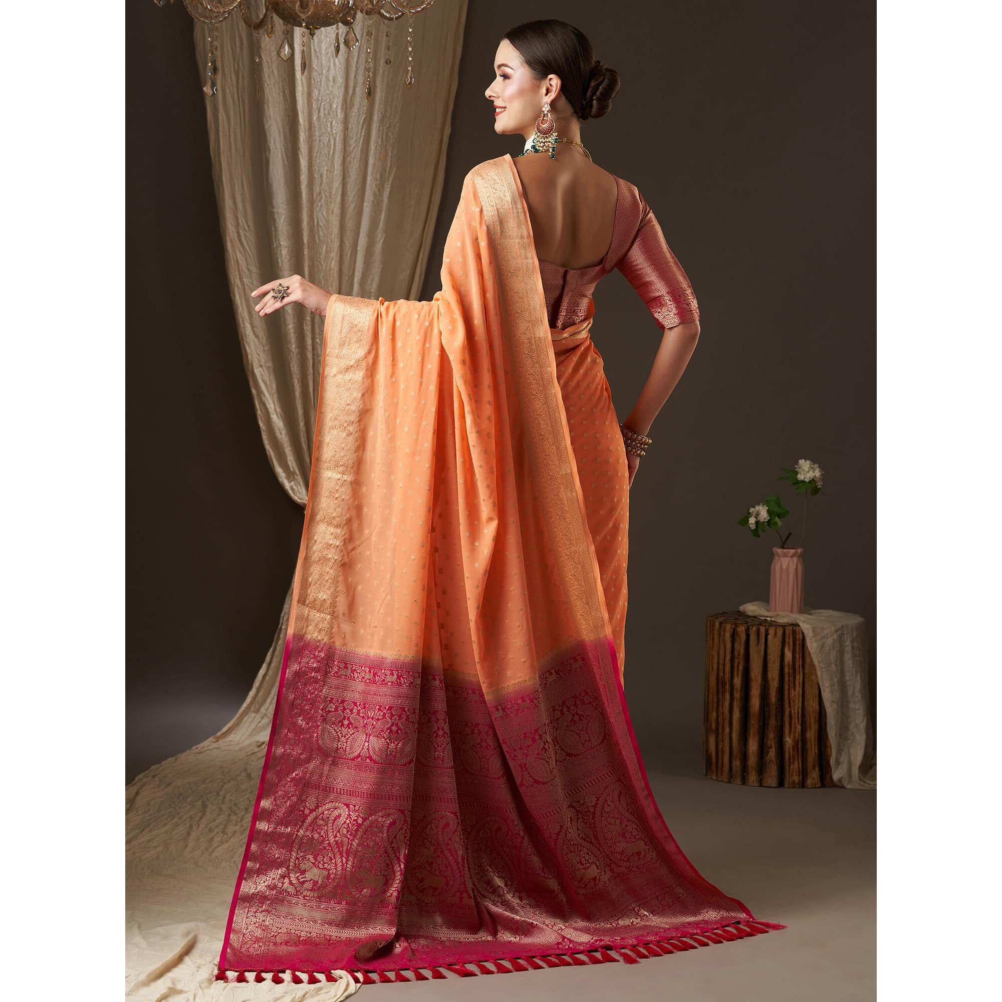 AKHILAM Womens Woven Design Ethnic Motif Georgette Kanjeevaram Saree With Unstiched Blouse Piece (Peach_ARYA6001_FL)