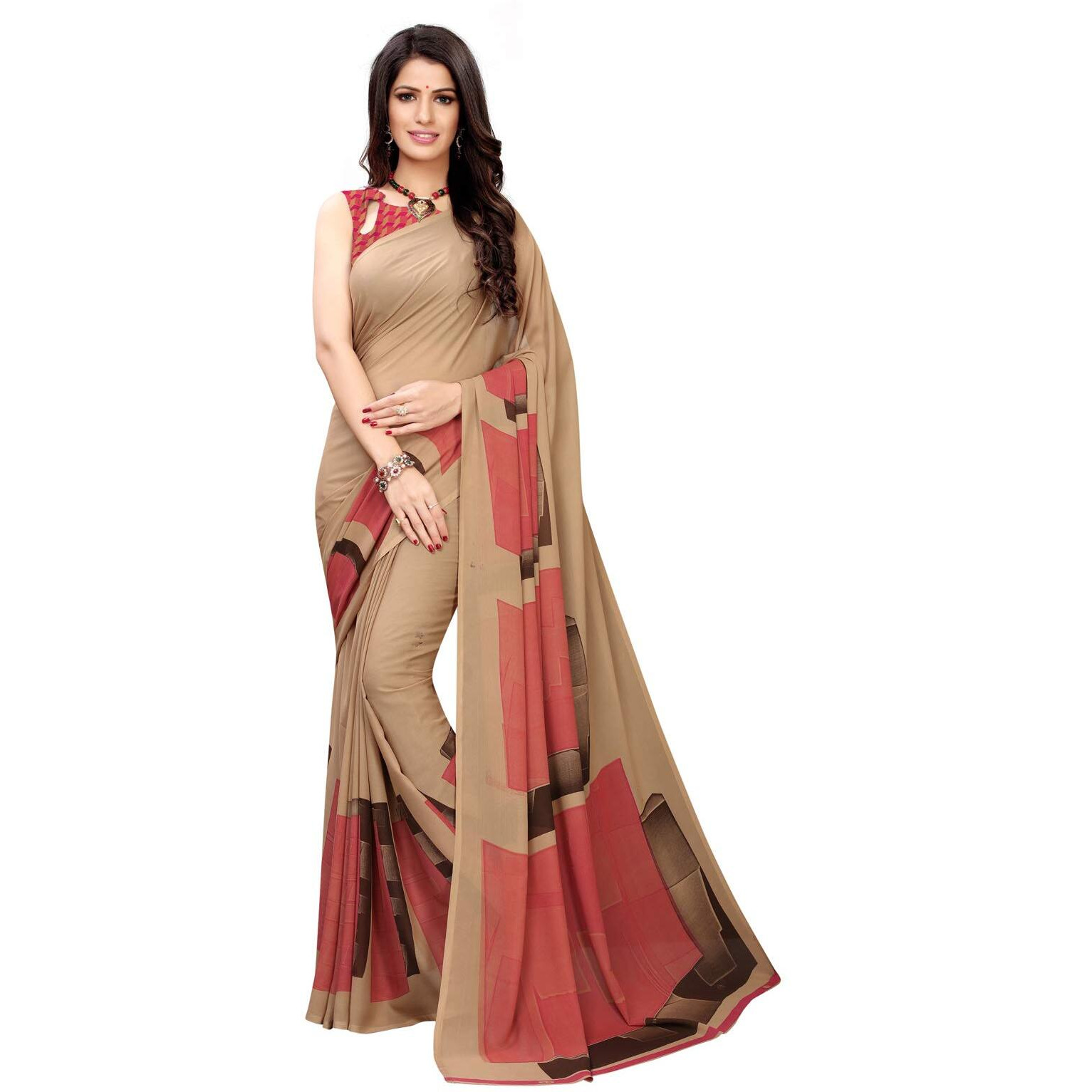 Satrani Womens Polyester Saree (1182ST117_1850ST178_Beige||Pink)