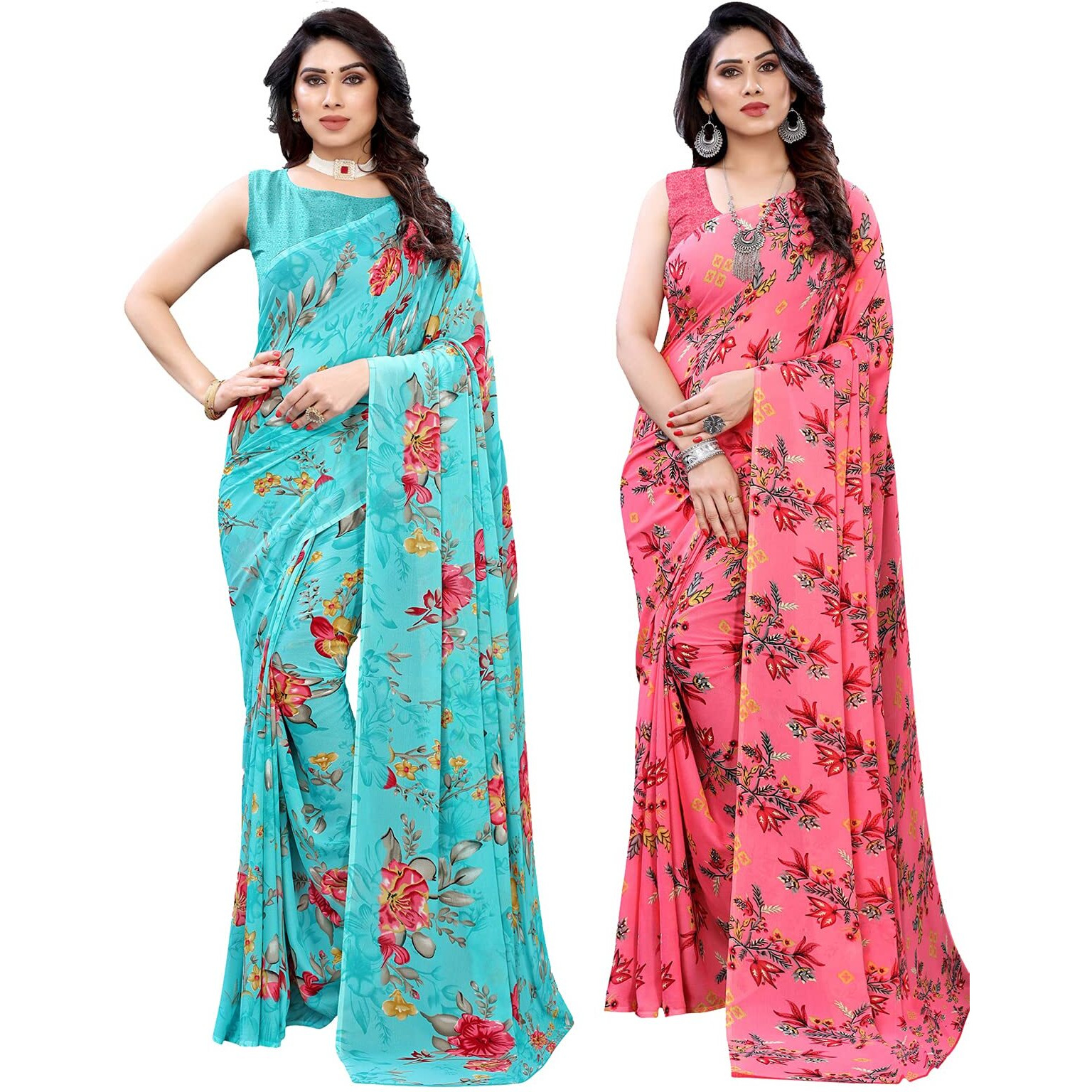 Satrani Womens Polyester Saree (1850ST176_1955ST344_Blue||Pink)