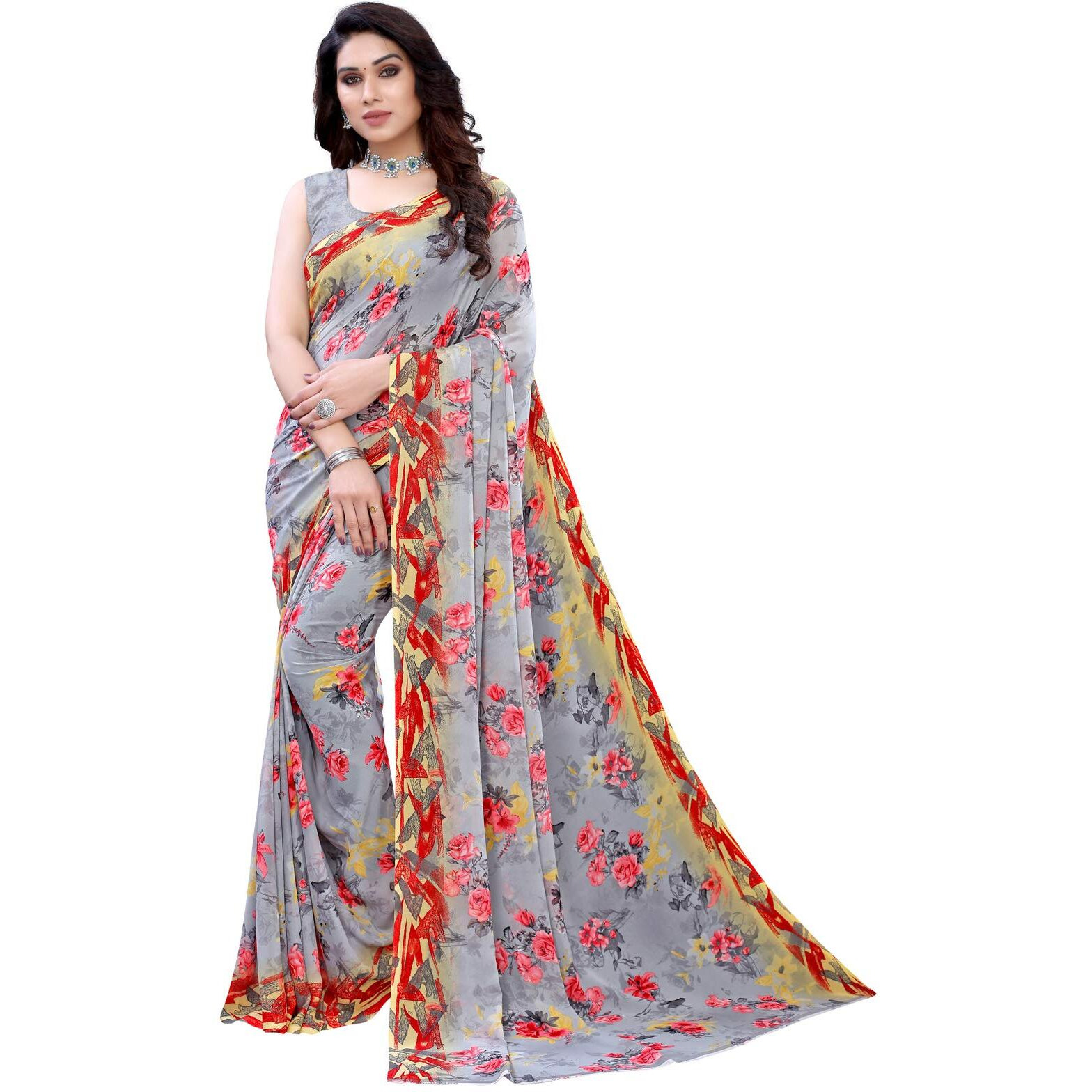 Satrani Womens Polyester Saree (1926ST306_1955ST345_Grey||Brown)