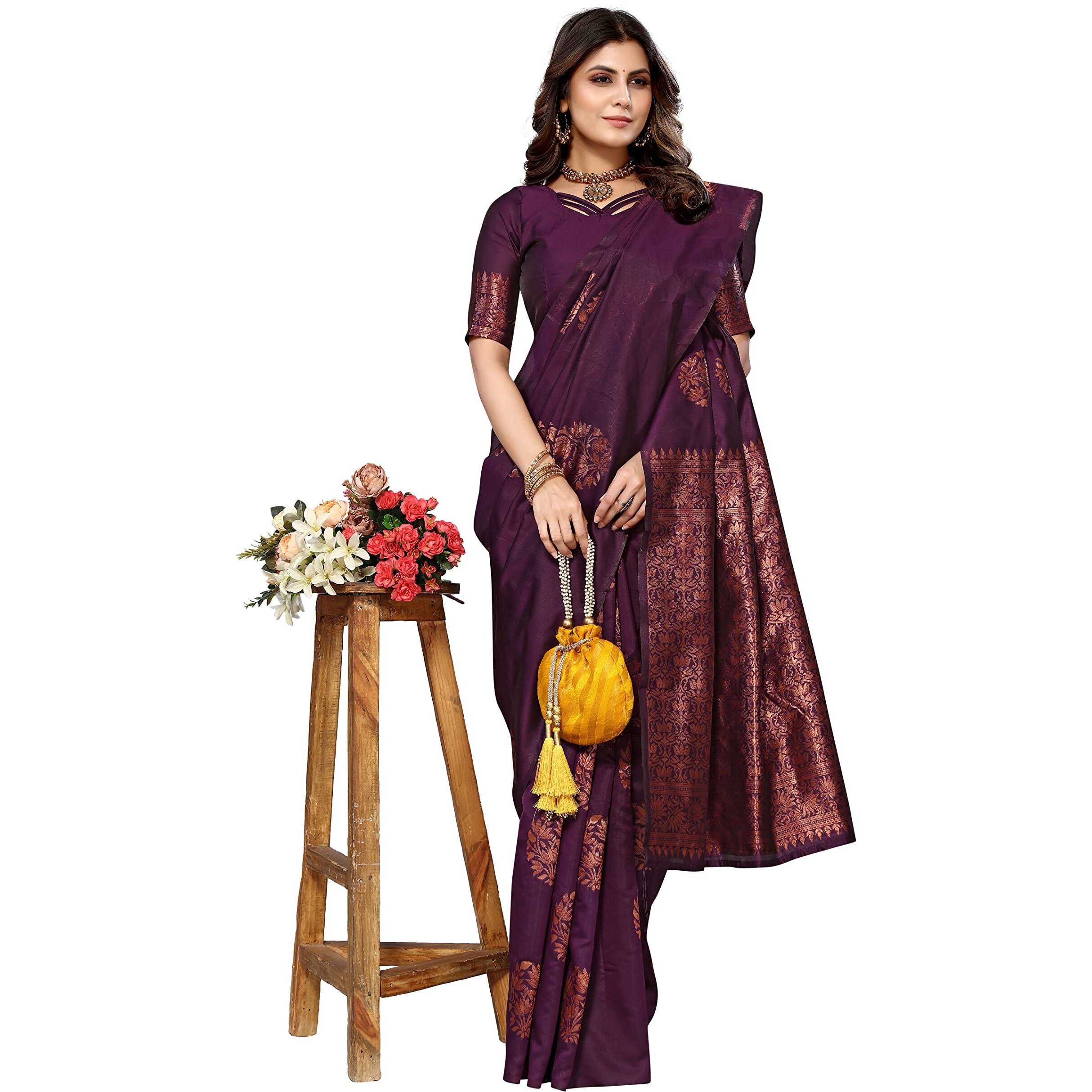 Yashika Womens Banarsi Relaxed Fit Silk Standard Length Saree (New Mudra Purple