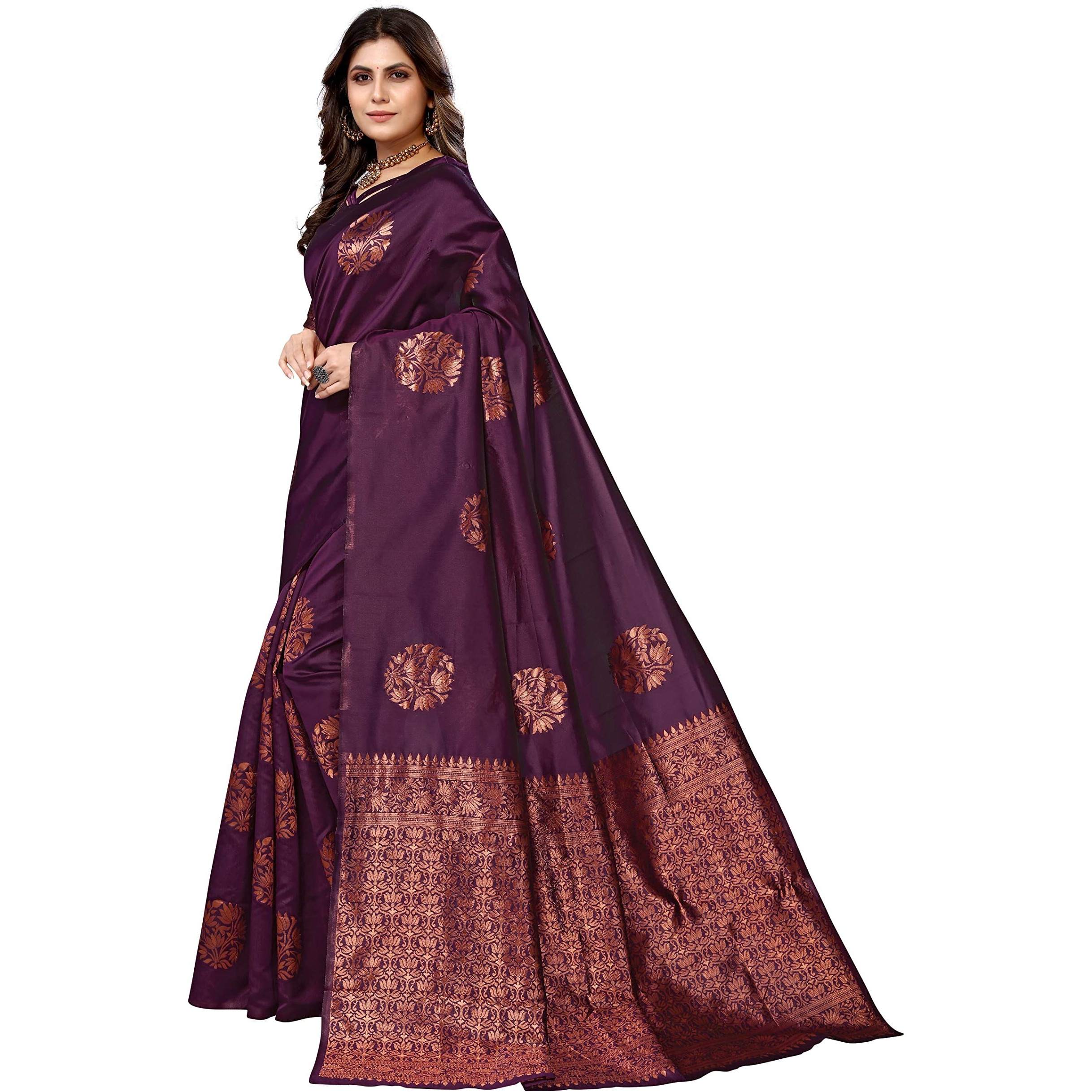 Yashika Womens Banarsi Relaxed Fit Silk Standard Length Saree (New Mudra Purple