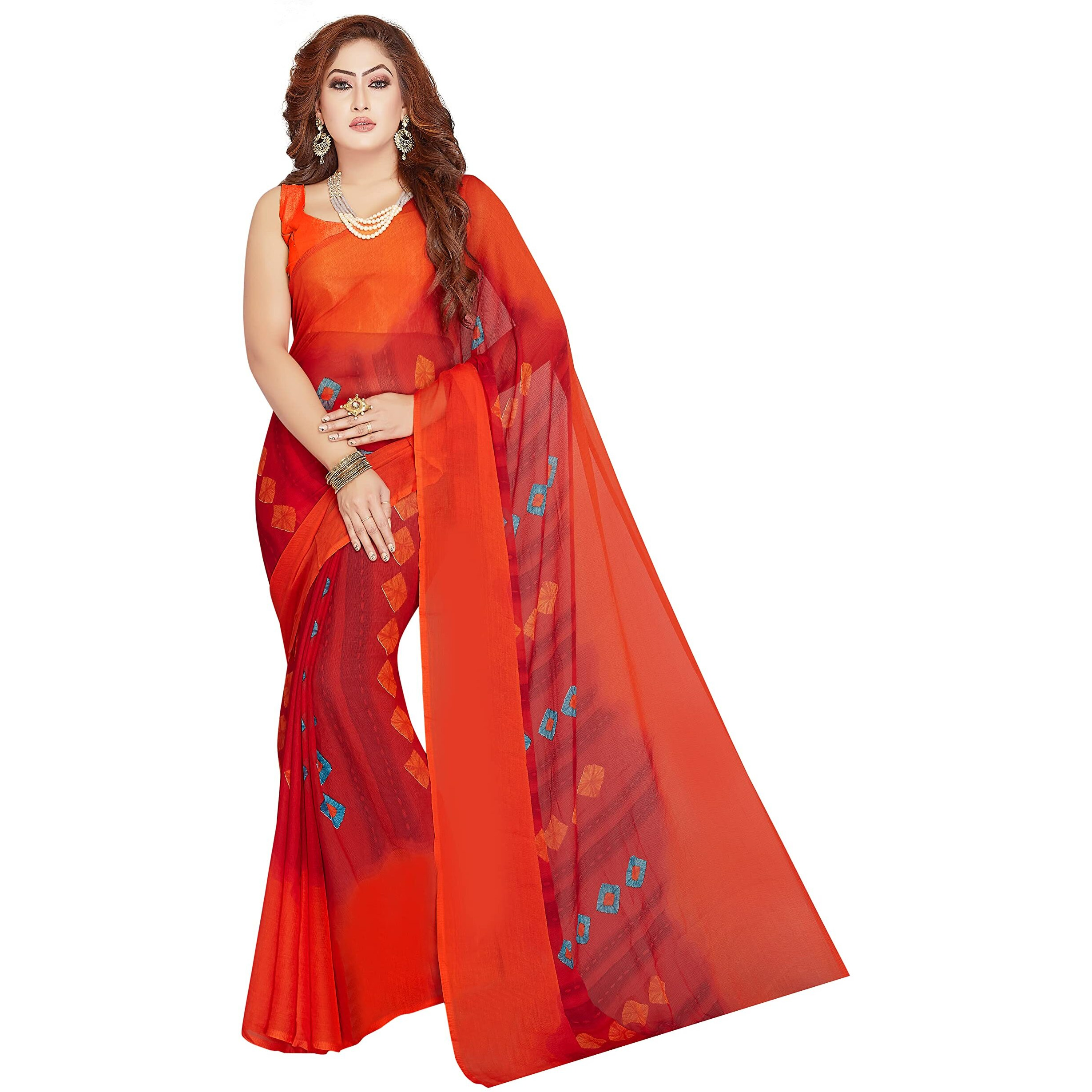 RANI SAAHIBA Womens Printed Chiffon Saree Without Blouse Piece (SKR9350_Red-Orange)