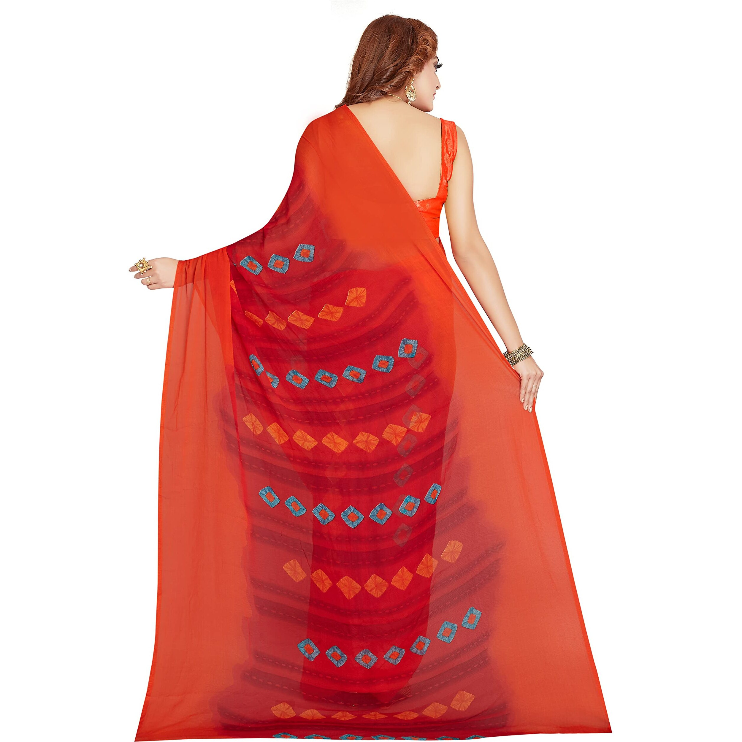 RANI SAAHIBA Womens Printed Chiffon Saree Without Blouse Piece (SKR9350_Red-Orange)