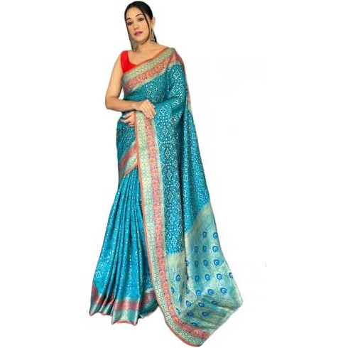 SGF11 Womens Kanjivaram Patola Silk Weaving Handloom Saree Pure Golden Zari With Blouse Piece