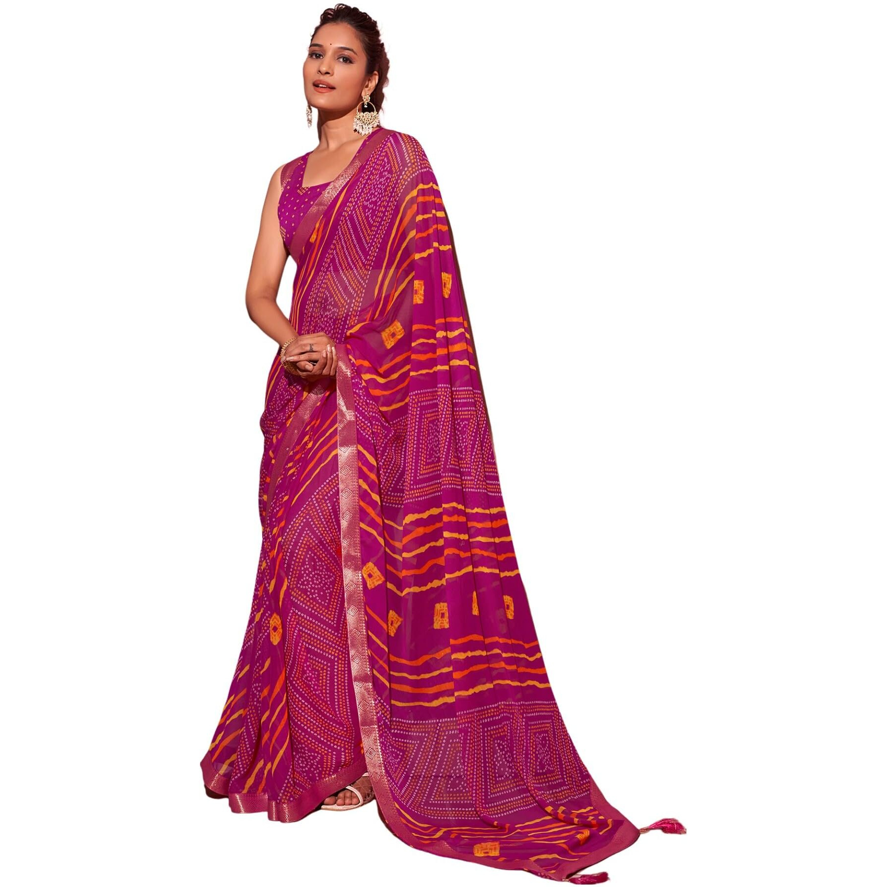 SIRIL Womens Chiffon Bandhani Printed Saree With Unstitched Blouse Piece (3628S2531_Pink)