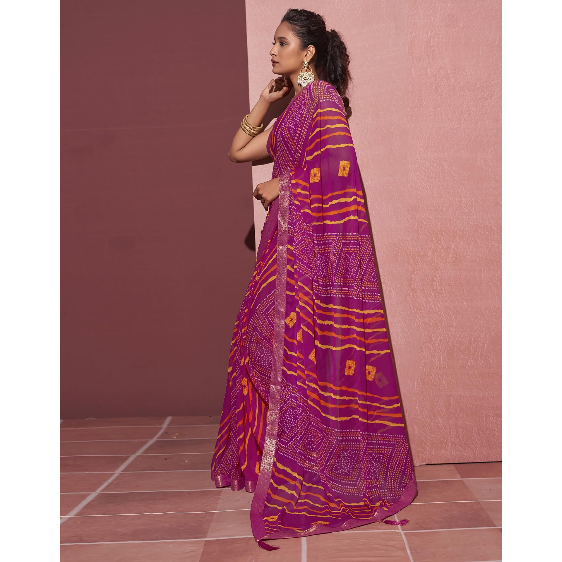 SIRIL Womens Chiffon Bandhani Printed Saree With Unstitched Blouse Piece (3628S2531_Pink)