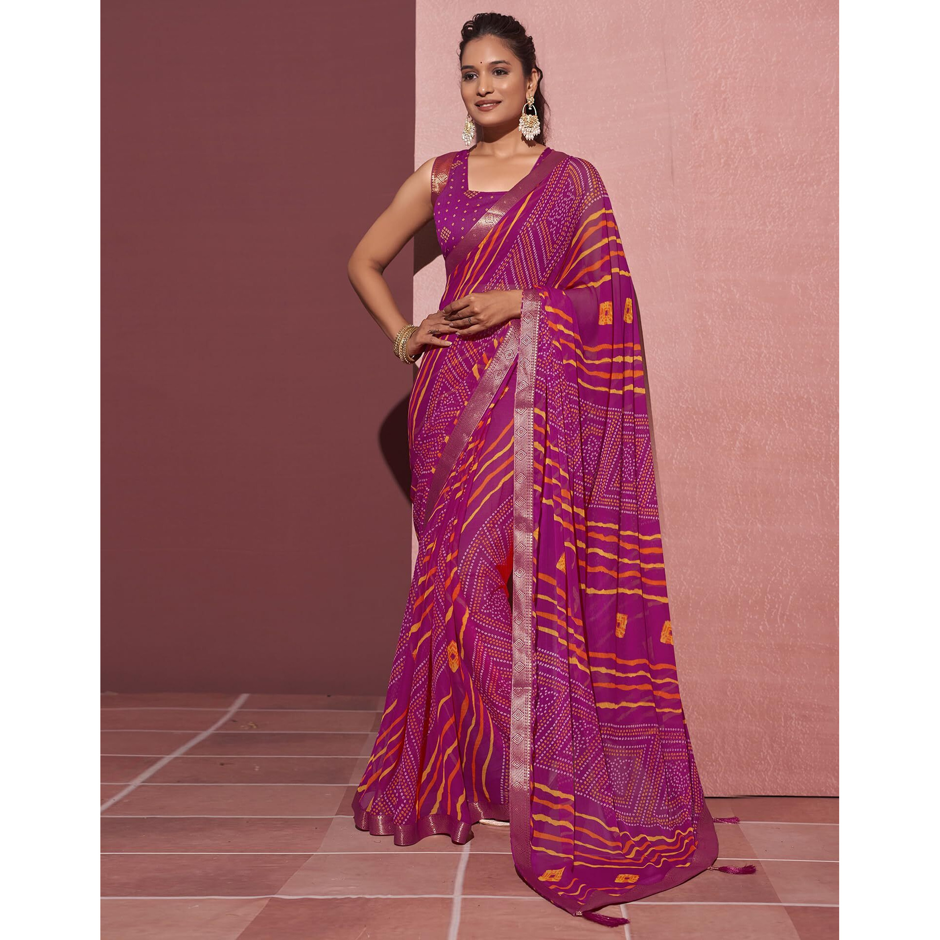 SIRIL Womens Chiffon Bandhani Printed Saree With Unstitched Blouse Piece (3628S2531_Pink)