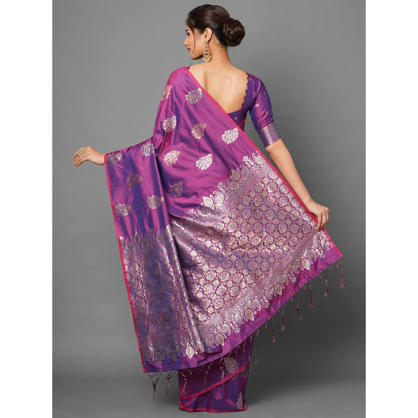 AKHILAM Womens Silk Blend Woven Border Saree with Unstitched Blouse Piece(Magenta_YMN52003_QL)