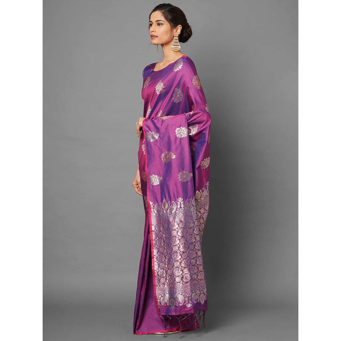 AKHILAM Womens Silk Blend Woven Border Saree with Unstitched Blouse Piece(Magenta_YMN52003_QL)