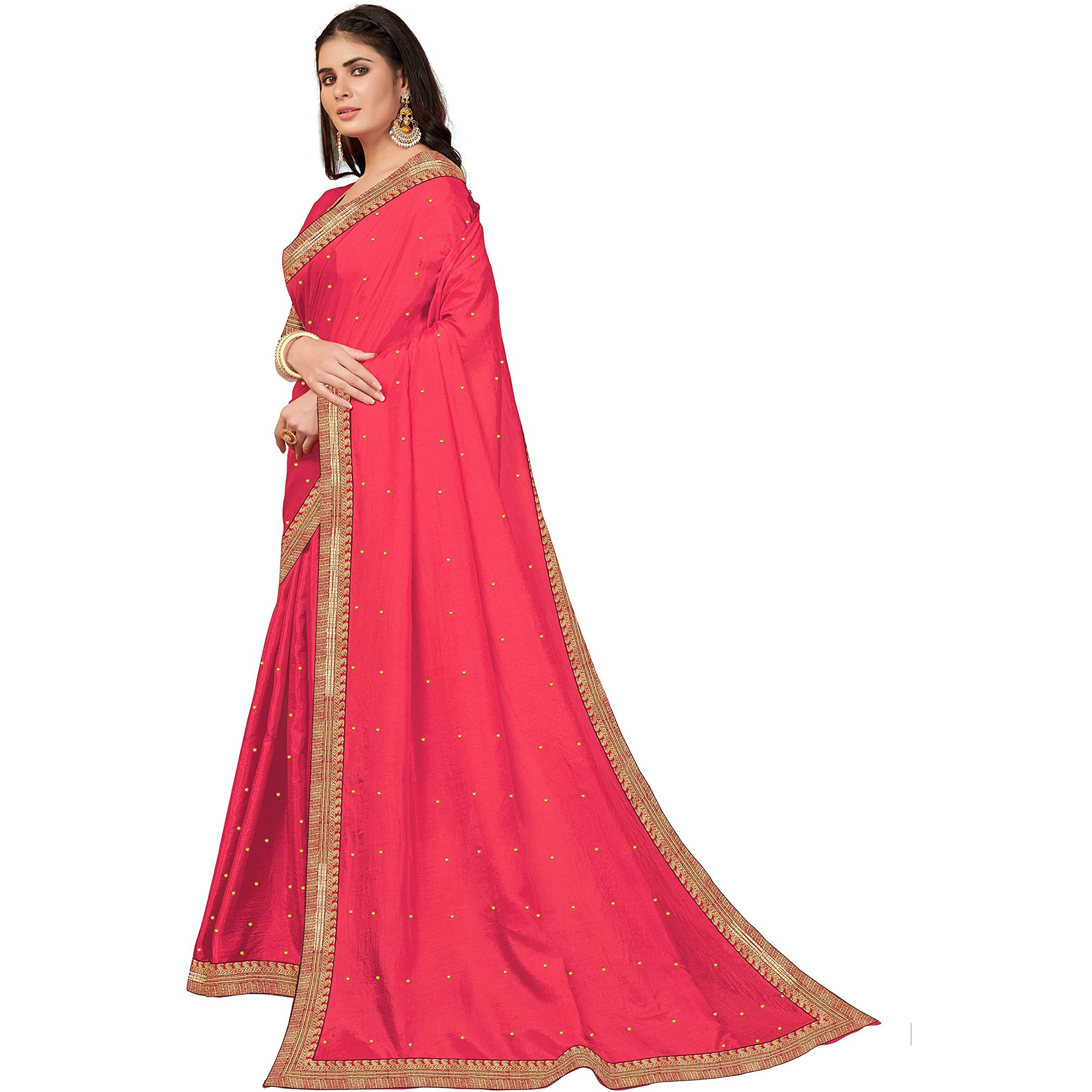 SUTRAM Womens Vichitra Silk Pink Saree with Unstitch Blouse Piece