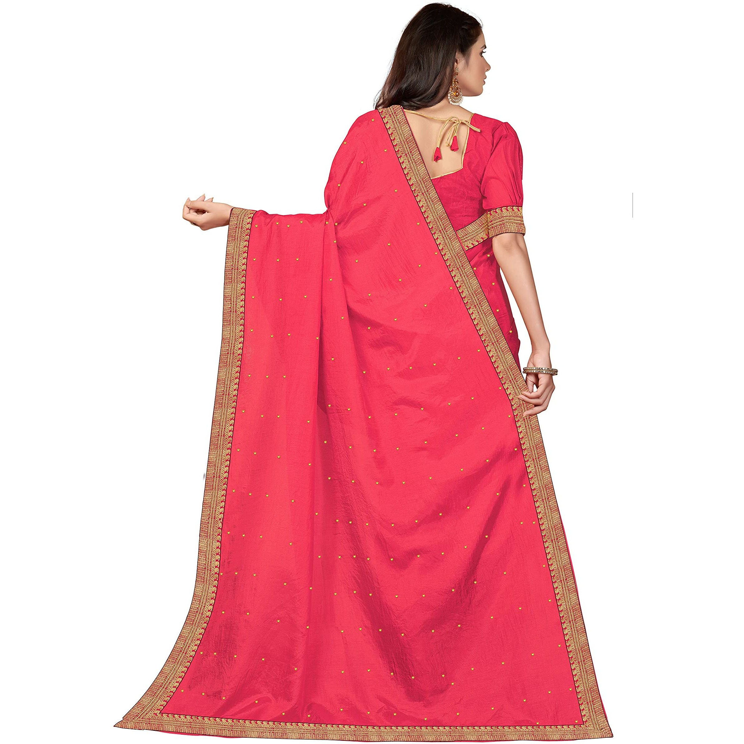 SUTRAM Womens Vichitra Silk Pink Saree with Unstitch Blouse Piece