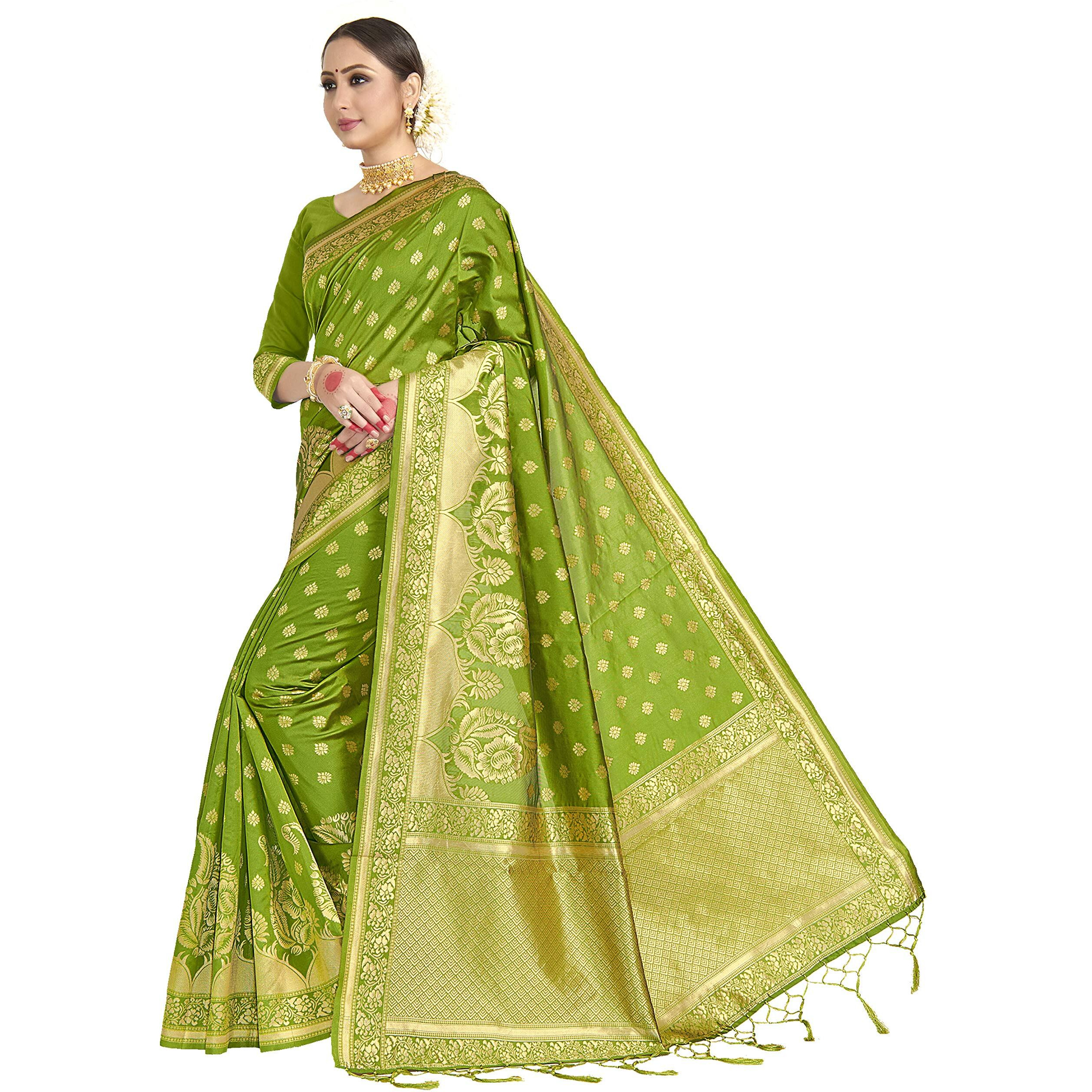 Vardha Womens Banarasi Art Silk Saree with Unstitched Blouse Piece - Zari Woven Work Sarees for Wedding (Paneri, 31, Olive Green)