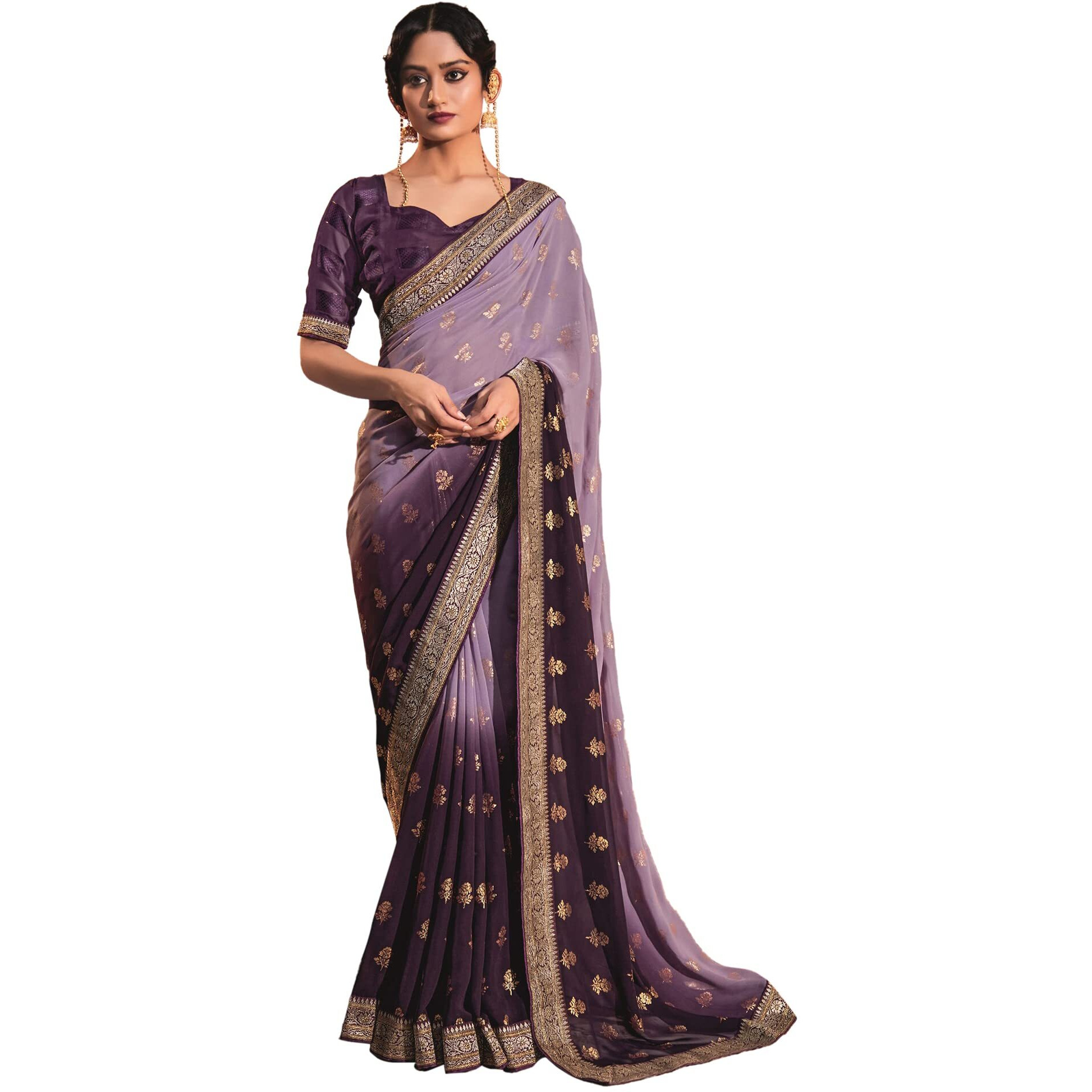 Satrani Womens Printed & Embellished Georgette Saree with Unstitched Blouse Piece (2826S478_Purple)