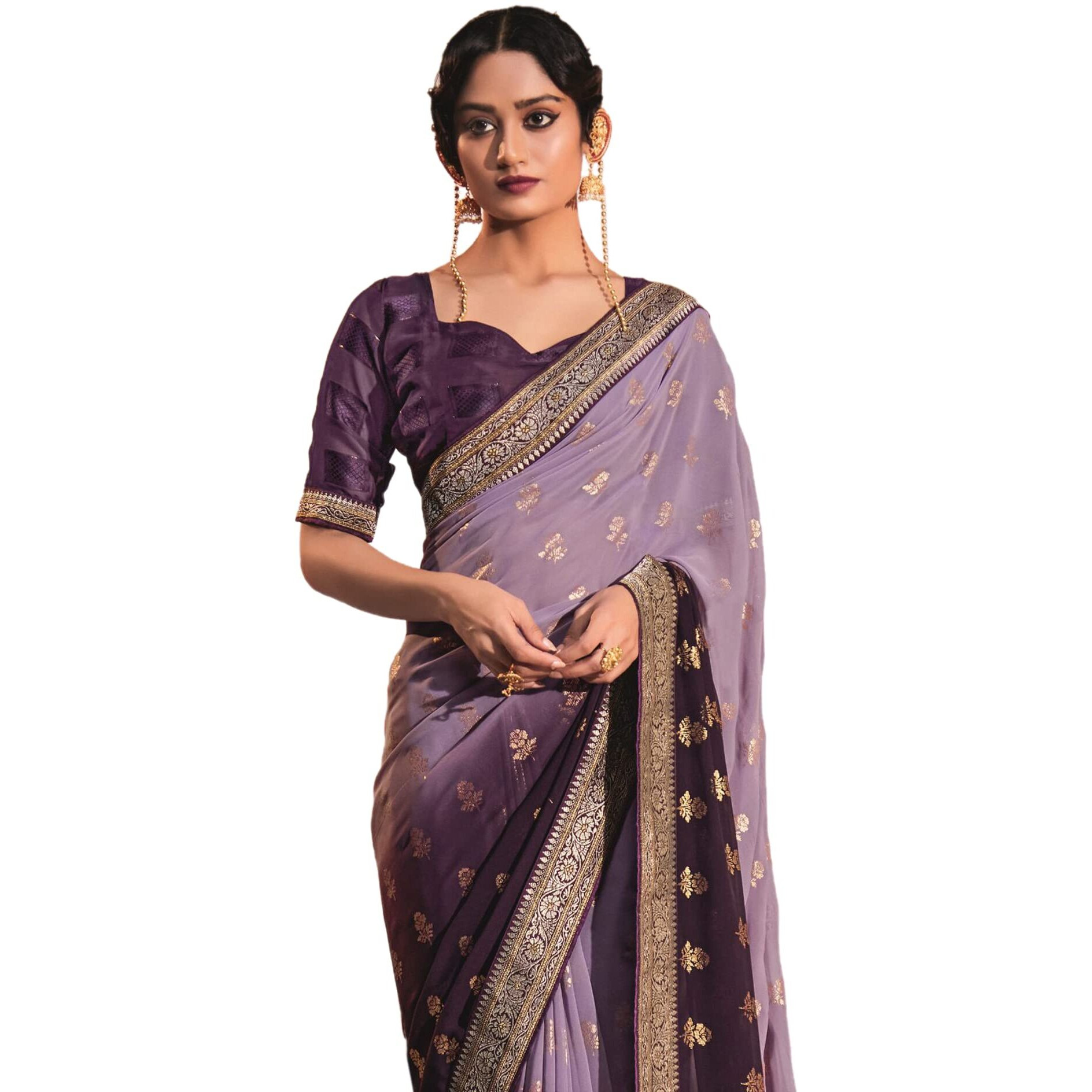 Satrani Womens Printed & Embellished Georgette Saree with Unstitched Blouse Piece (2826S478_Purple)