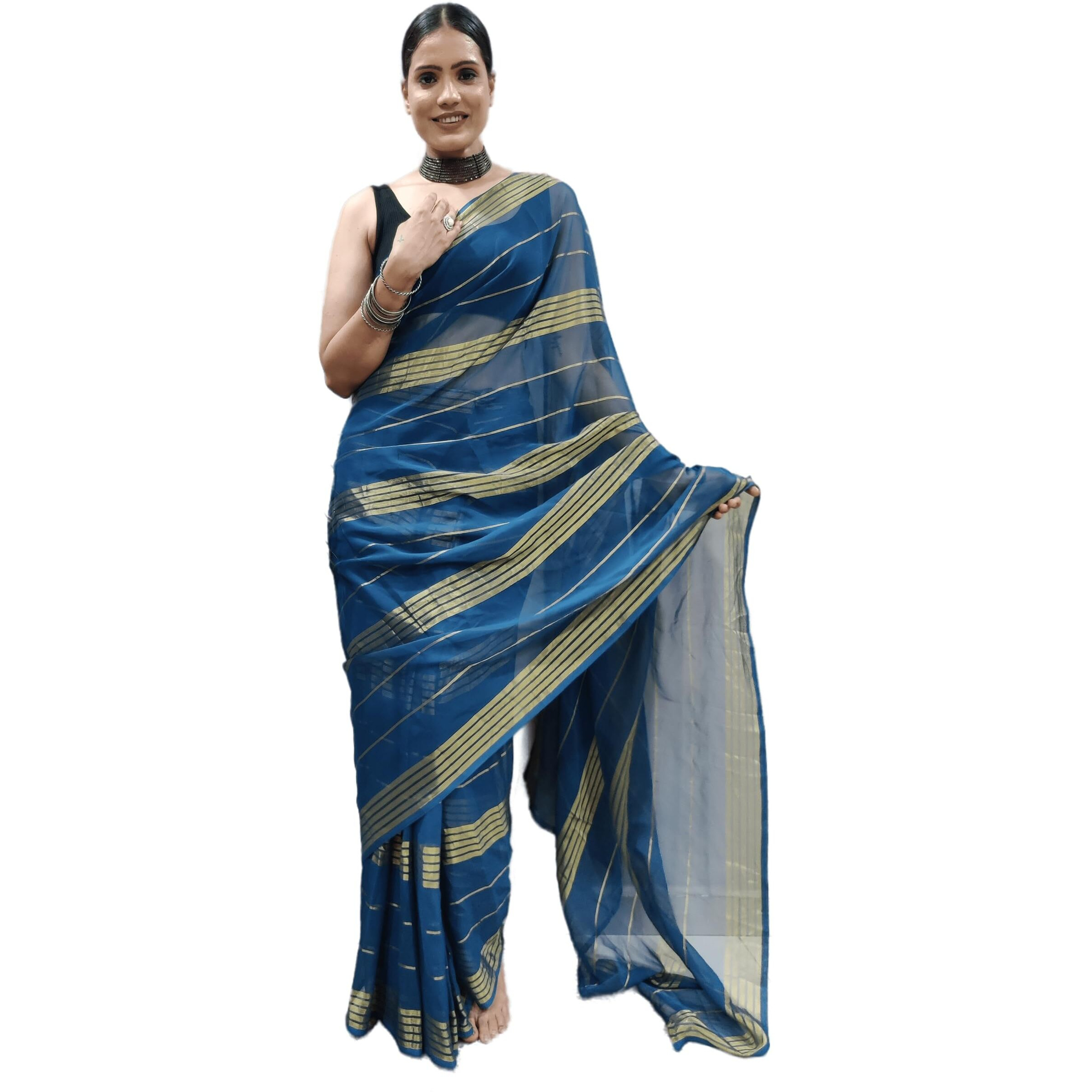 StyleScope Womens Georgette Lining Pattern Ready To Wear 1 Minute Saree With Unstitched Blouse Piece (33 Patti Rama_Rama_Free Size)