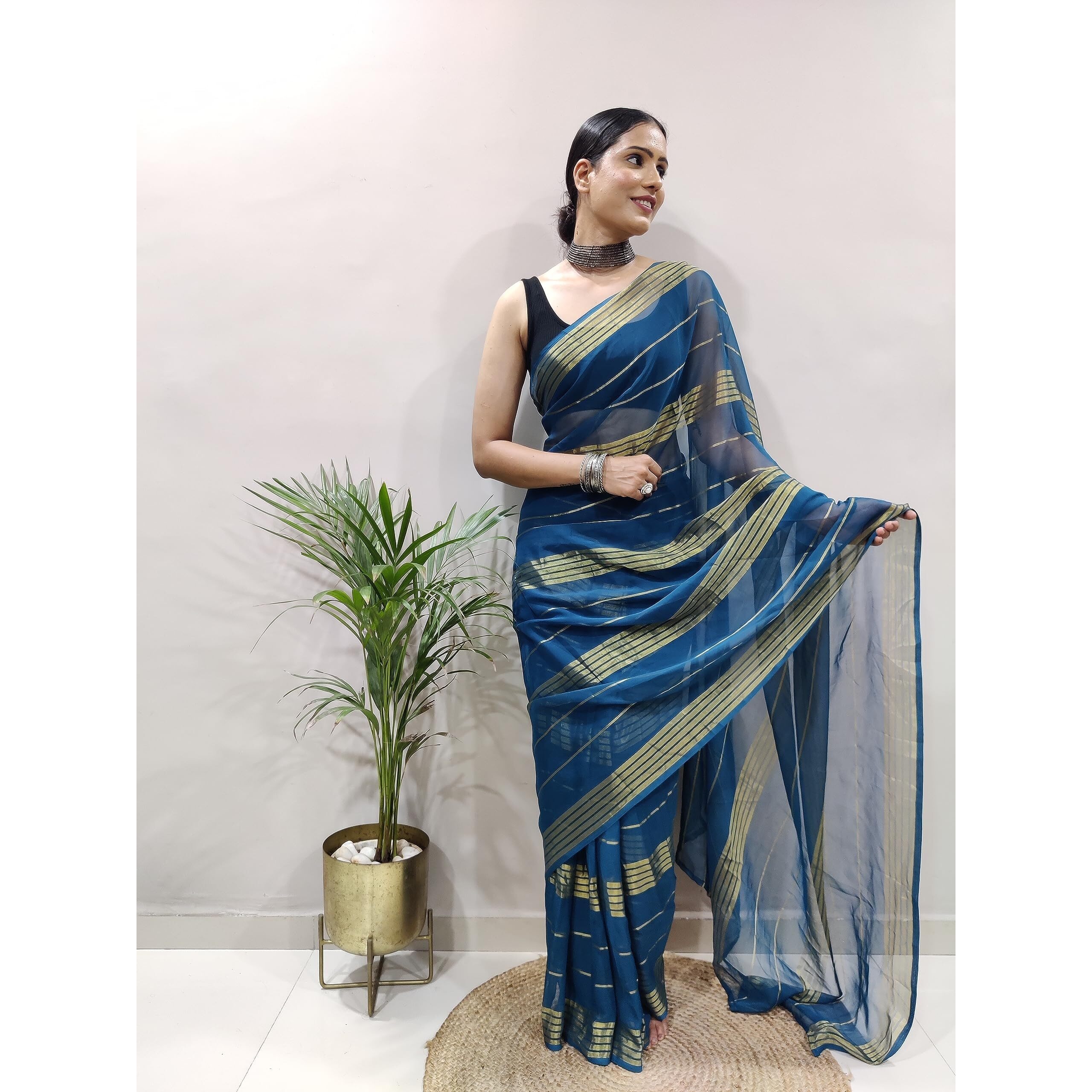 StyleScope Womens Georgette Lining Pattern Ready To Wear 1 Minute Saree With Unstitched Blouse Piece (33 Patti Rama_Rama_Free Size)