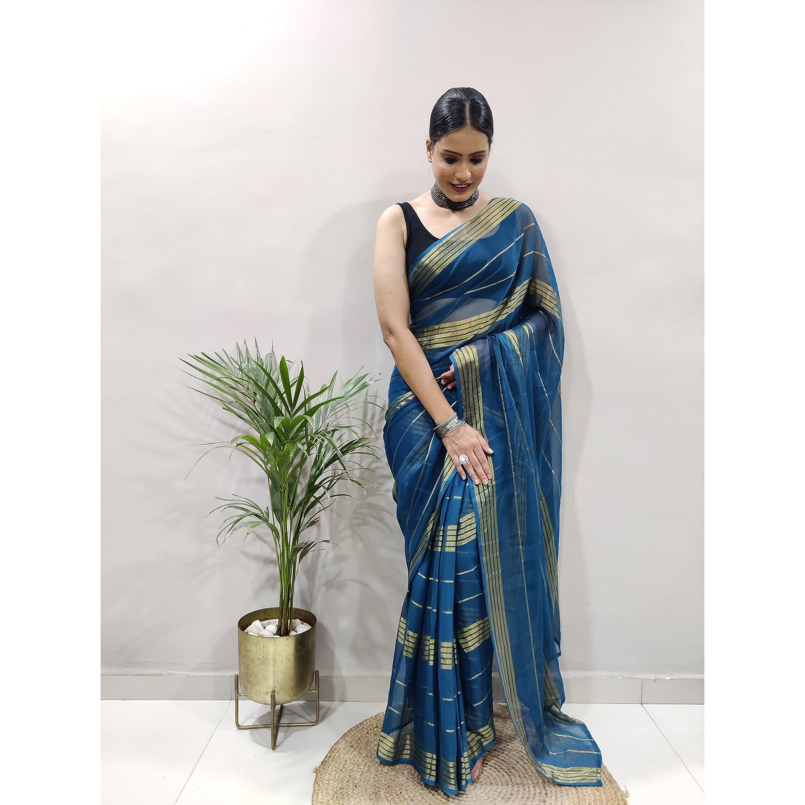 StyleScope Womens Georgette Lining Pattern Ready To Wear 1 Minute Saree With Unstitched Blouse Piece (33 Patti Rama_Rama_Free Size)