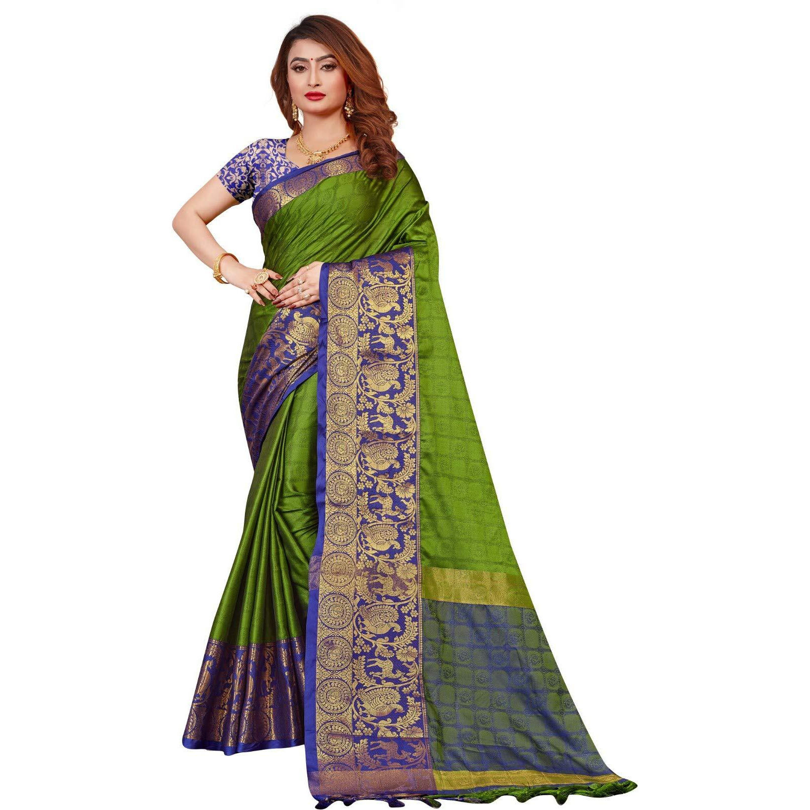 PristiveFashionHub Womens Cotton Silk Saree With Blouse Piece (Jacquard Silk_Freesize_Greenblue)