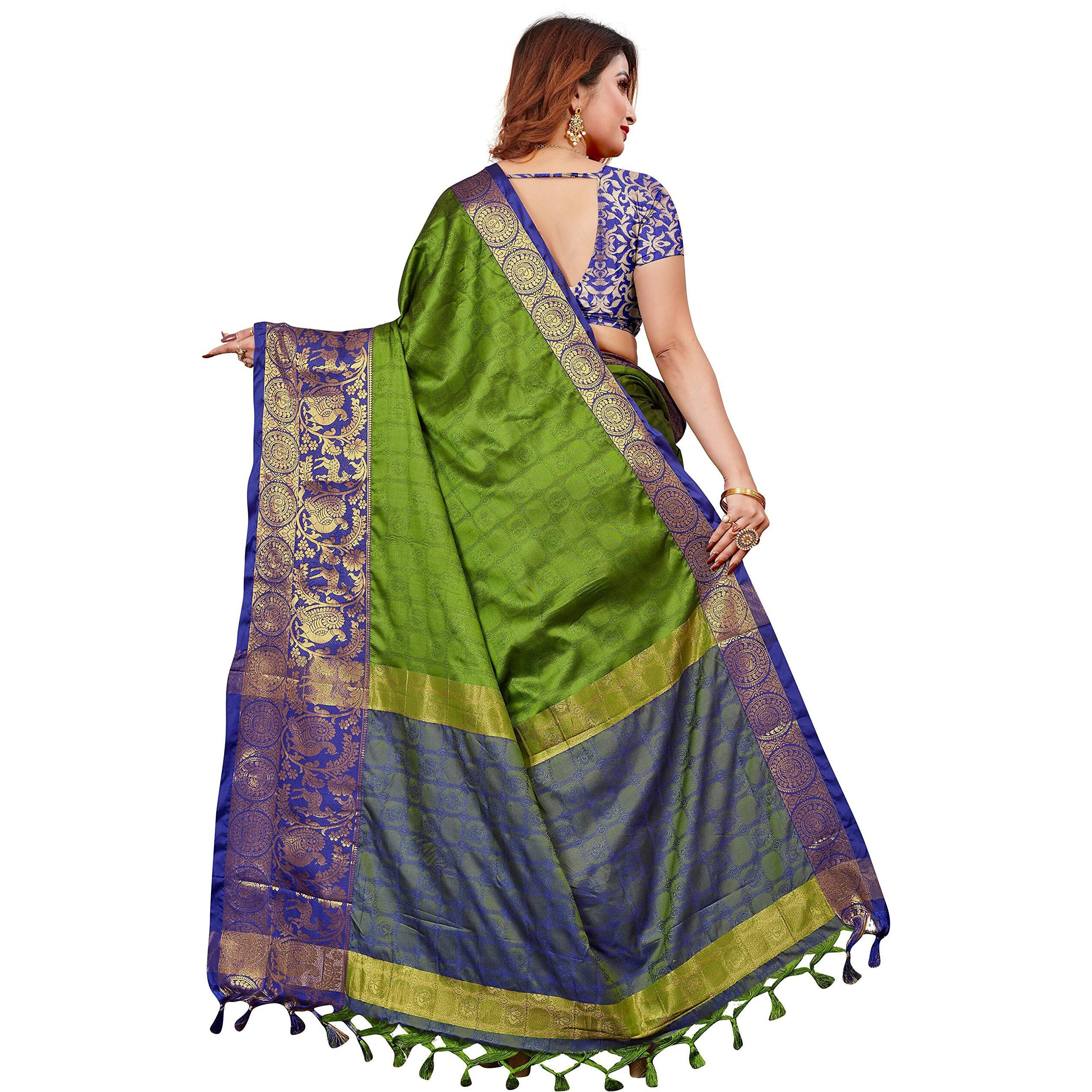 PristiveFashionHub Womens Cotton Silk Saree With Blouse Piece (Jacquard Silk_Freesize_Greenblue)