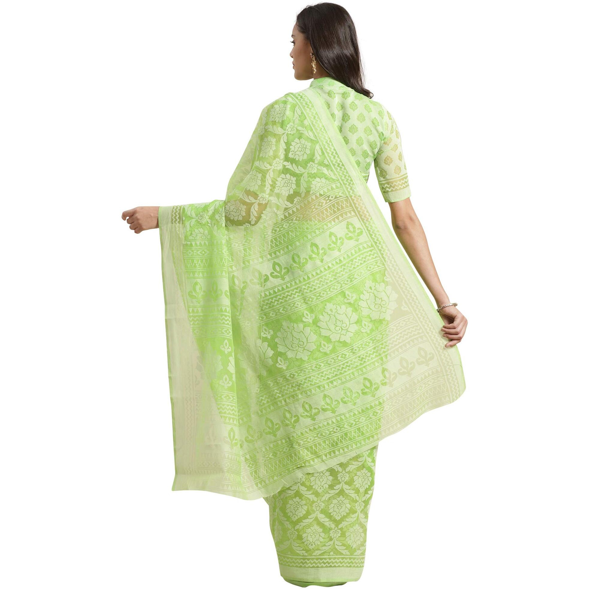 AKHILAM Womens Brasso Floral Printed Saree with Unstitched Blouse Piece(Green_MSKR01E)