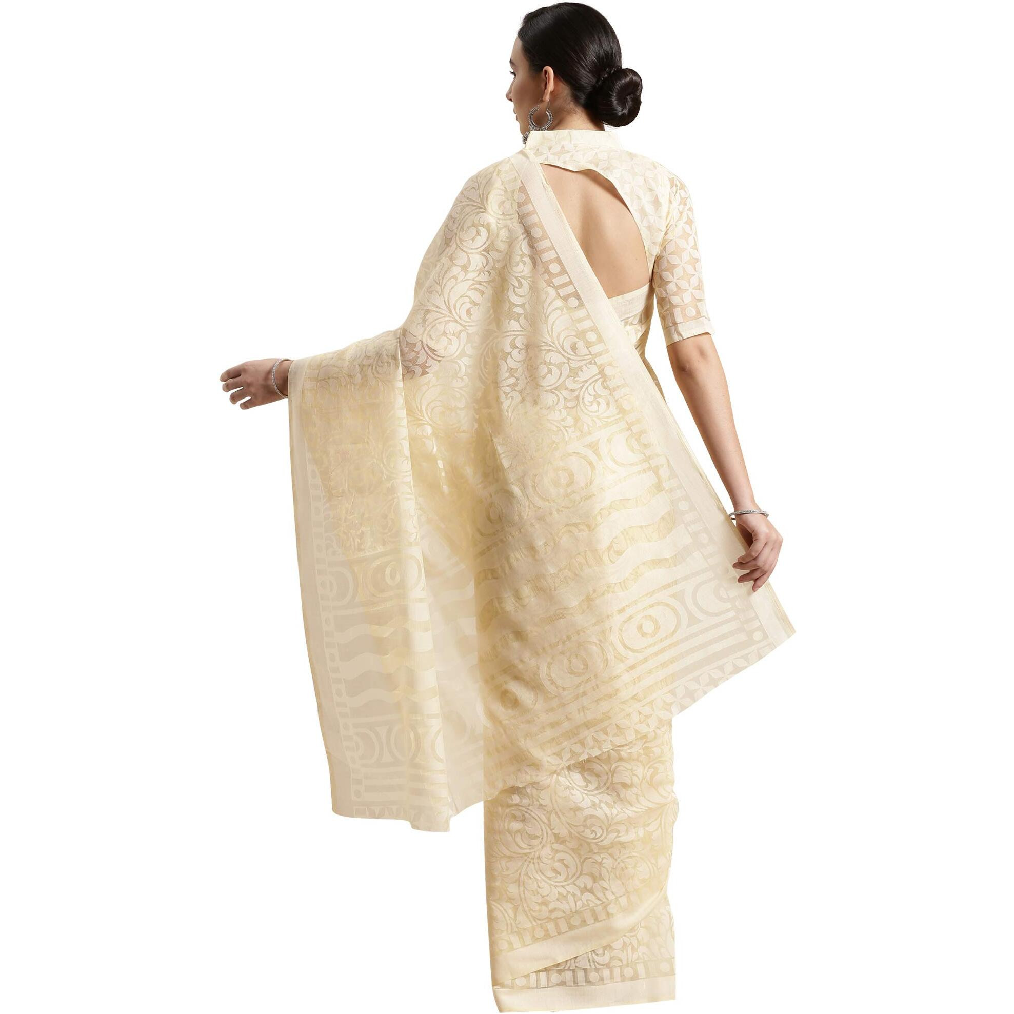 AKHILAM Womens Brasso Saree with Blouse Piece (Fashion_MSKR01F_Ivory, Cream)