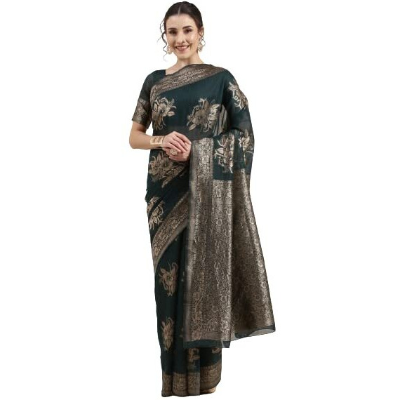 AKHILAM Womens Linen Banarasi Woven Design Saree with Unstitched Blouse Piece (Teal green_LNJCQ09C)