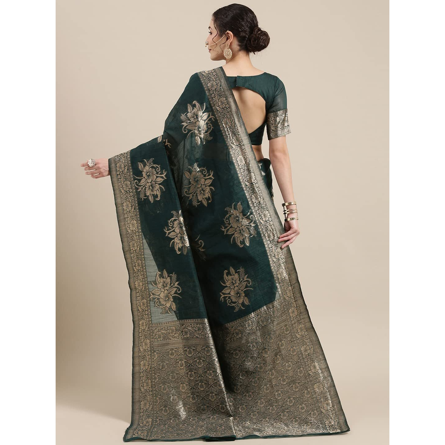 AKHILAM Womens Linen Banarasi Woven Design Saree with Unstitched Blouse Piece (Teal green_LNJCQ09C)