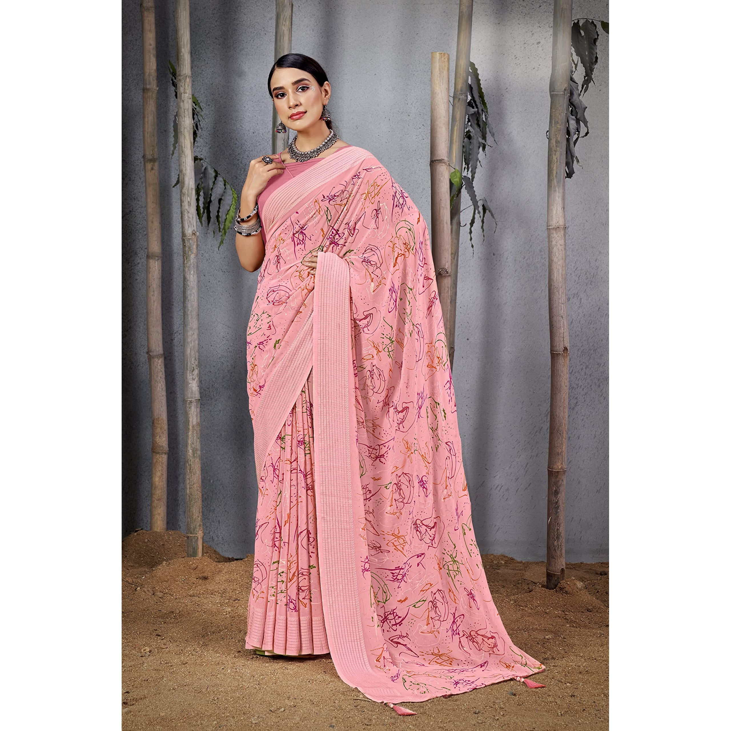 Amazon Brand - Anarva Womens Geometric Printed Light Weight Georgette Saree With Woven Design & Border With Unstitched Blouse Piece (prada-abstract-pink)