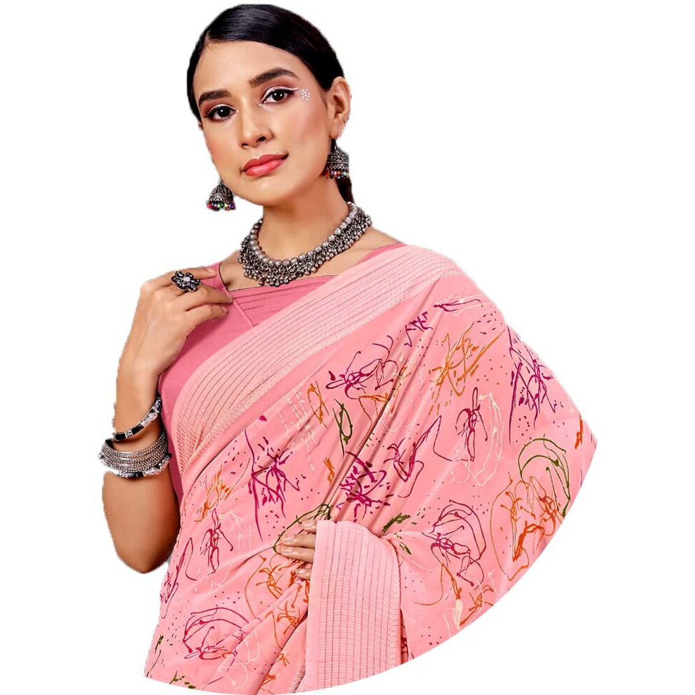 Amazon Brand - Anarva Womens Geometric Printed Light Weight Georgette Saree With Woven Design & Border With Unstitched Blouse Piece (prada-abstract-pink)