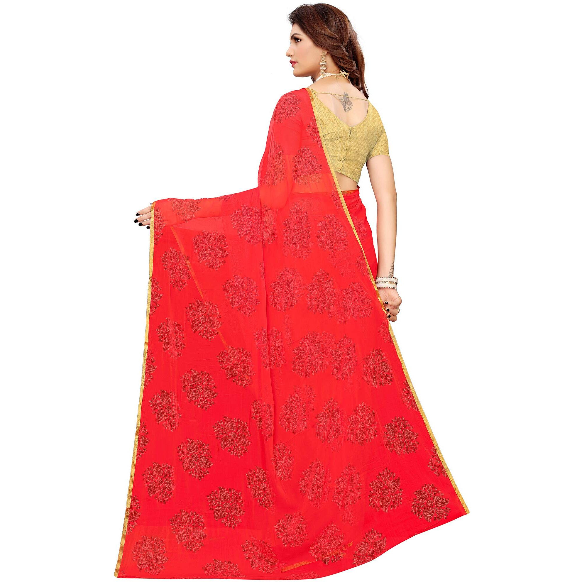 AKHILAM Womens Floral Chiffon Embellished Zari Border Saree With Unstitched Blouse Piece Red_DOLY2604