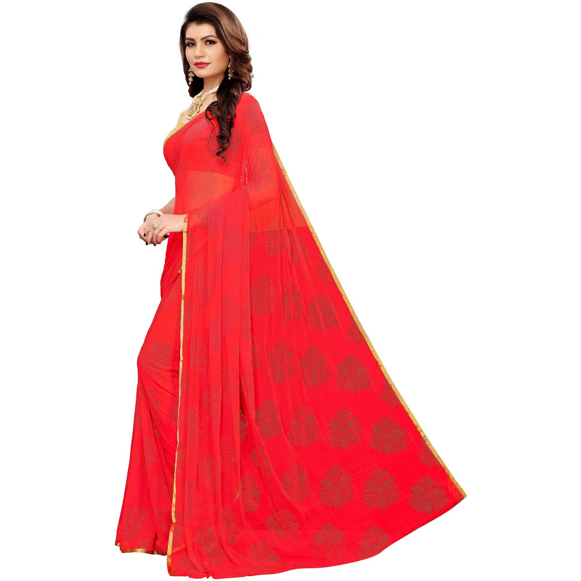 AKHILAM Womens Floral Chiffon Embellished Zari Border Saree With Unstitched Blouse Piece Red_DOLY2604