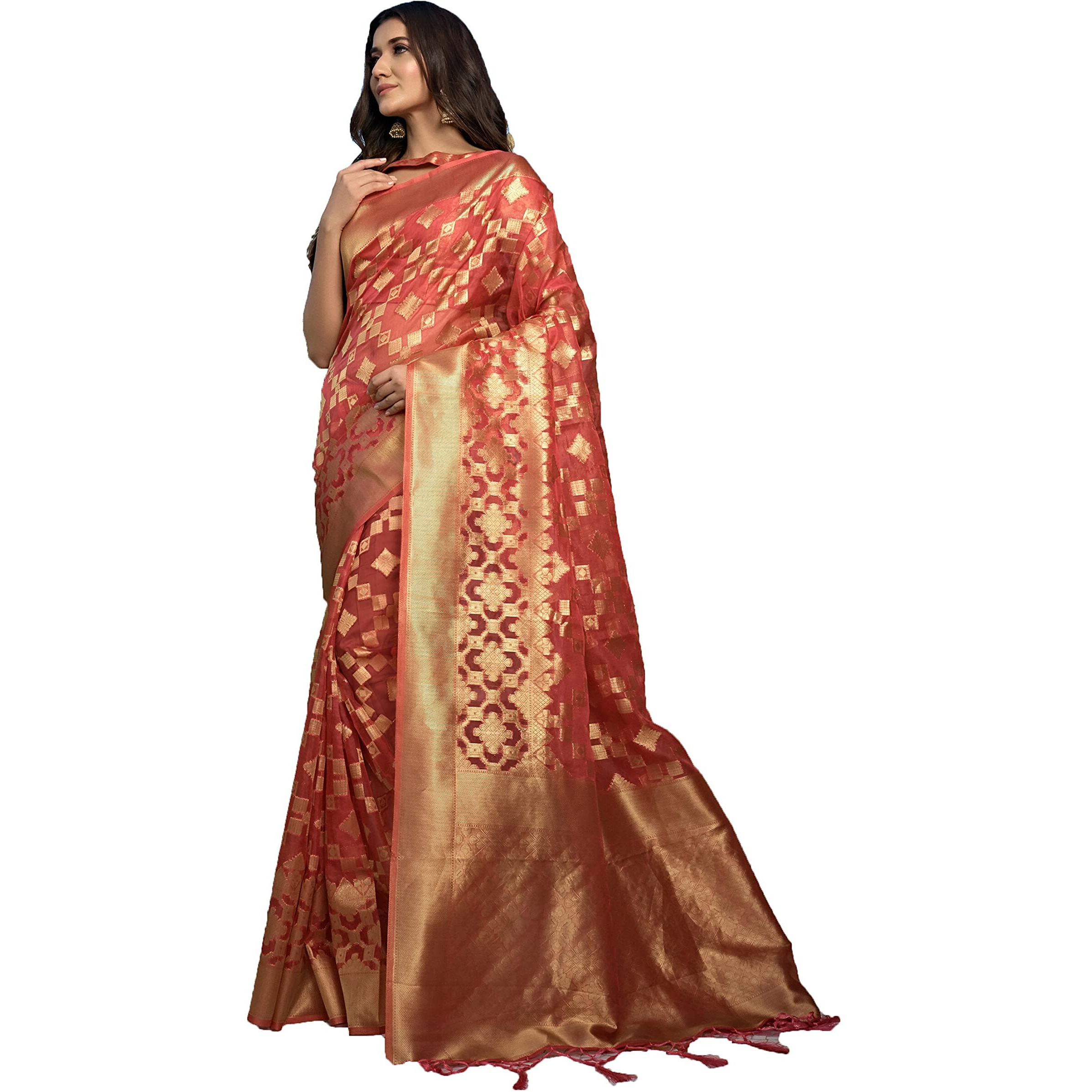 Vardha Womens Organza Art Silk Saree with Unstitched Blouse Piece - Zari Woven Work Sarees for Wedding (Kalini Silk, 435, Peach)