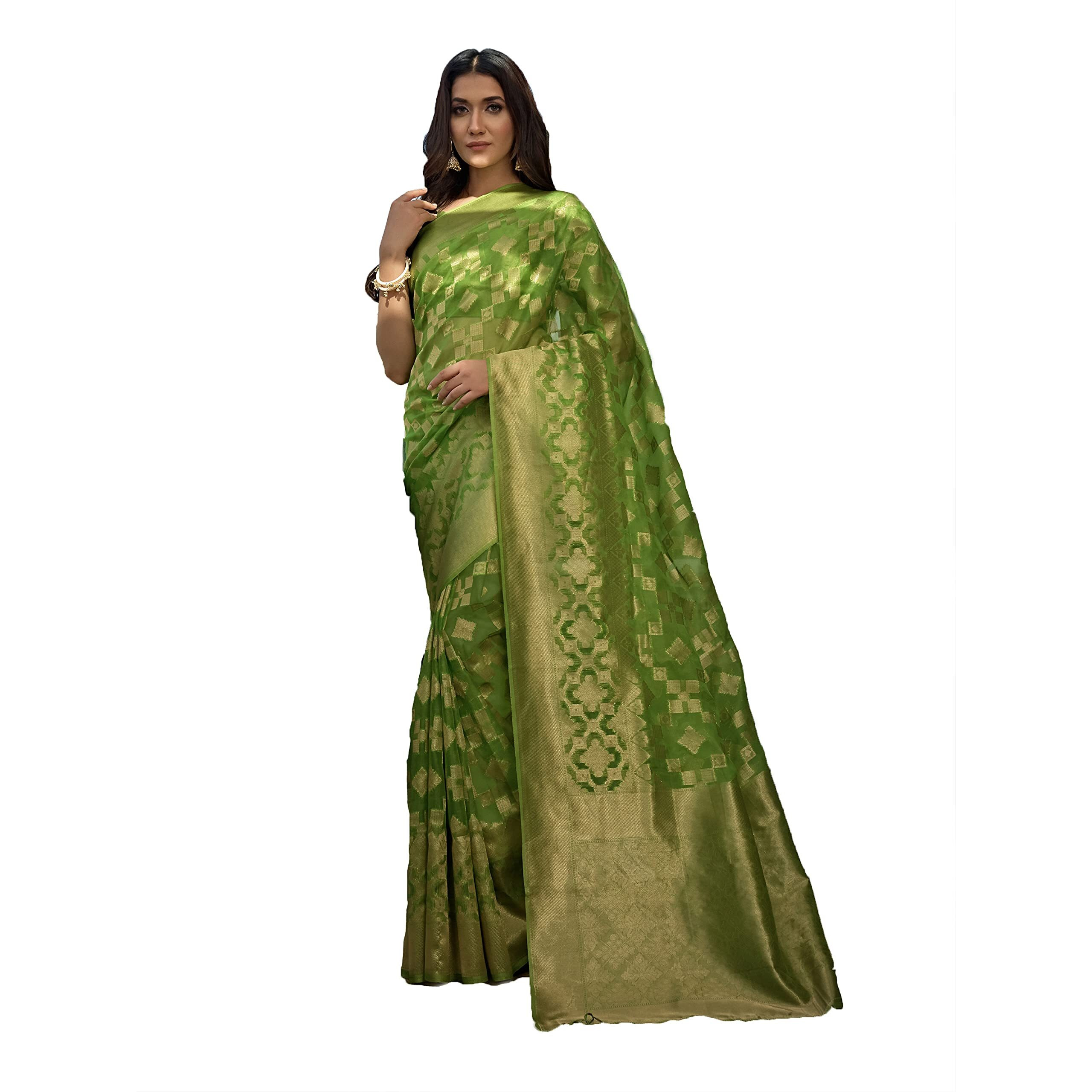 Vardha Womens Organza Art Silk Saree with Unstitched Blouse Piece - Zari Woven Work Sarees for Wedding (Kalini Silk, 434, Light Green)