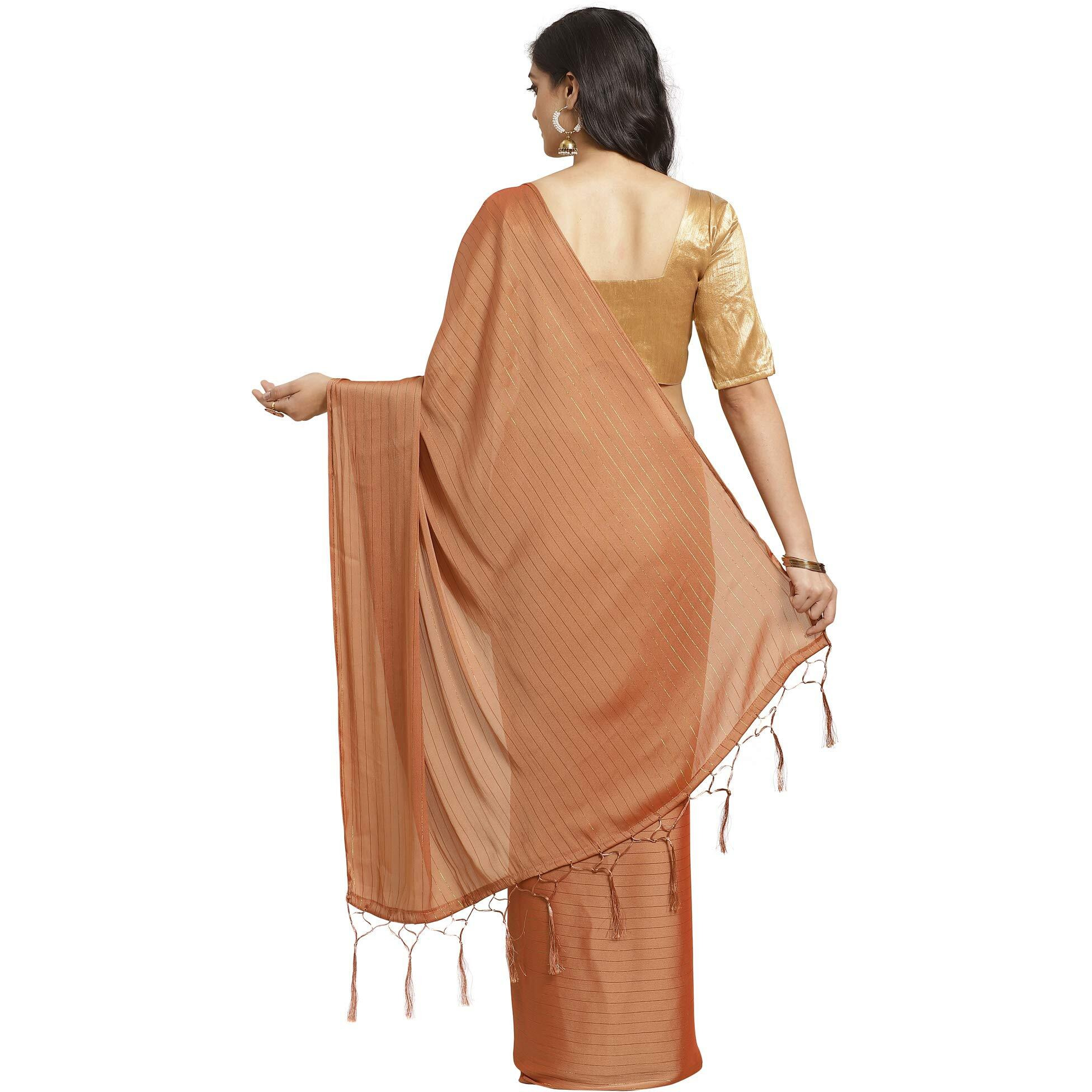 AKHILAM Womens Pure Poly Georgette Chanderi Striped Saree with Blouse Piece (Brown)