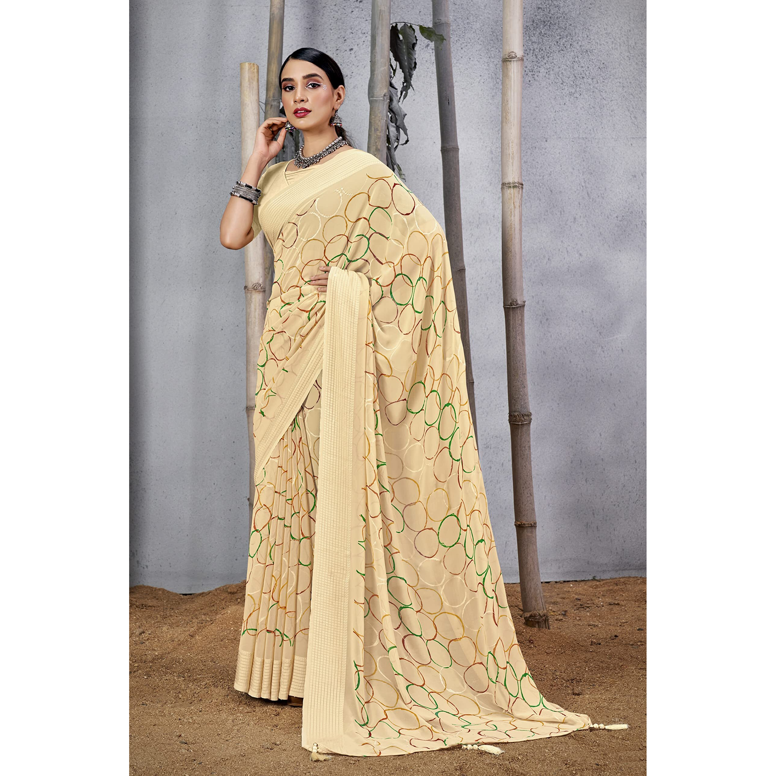 Amazon Brand - Anarva Womens Geometric Printed Light Weight Georgette Saree With Woven Design & Border With Unstitched Blouse Piece (prada-circle-yellow)