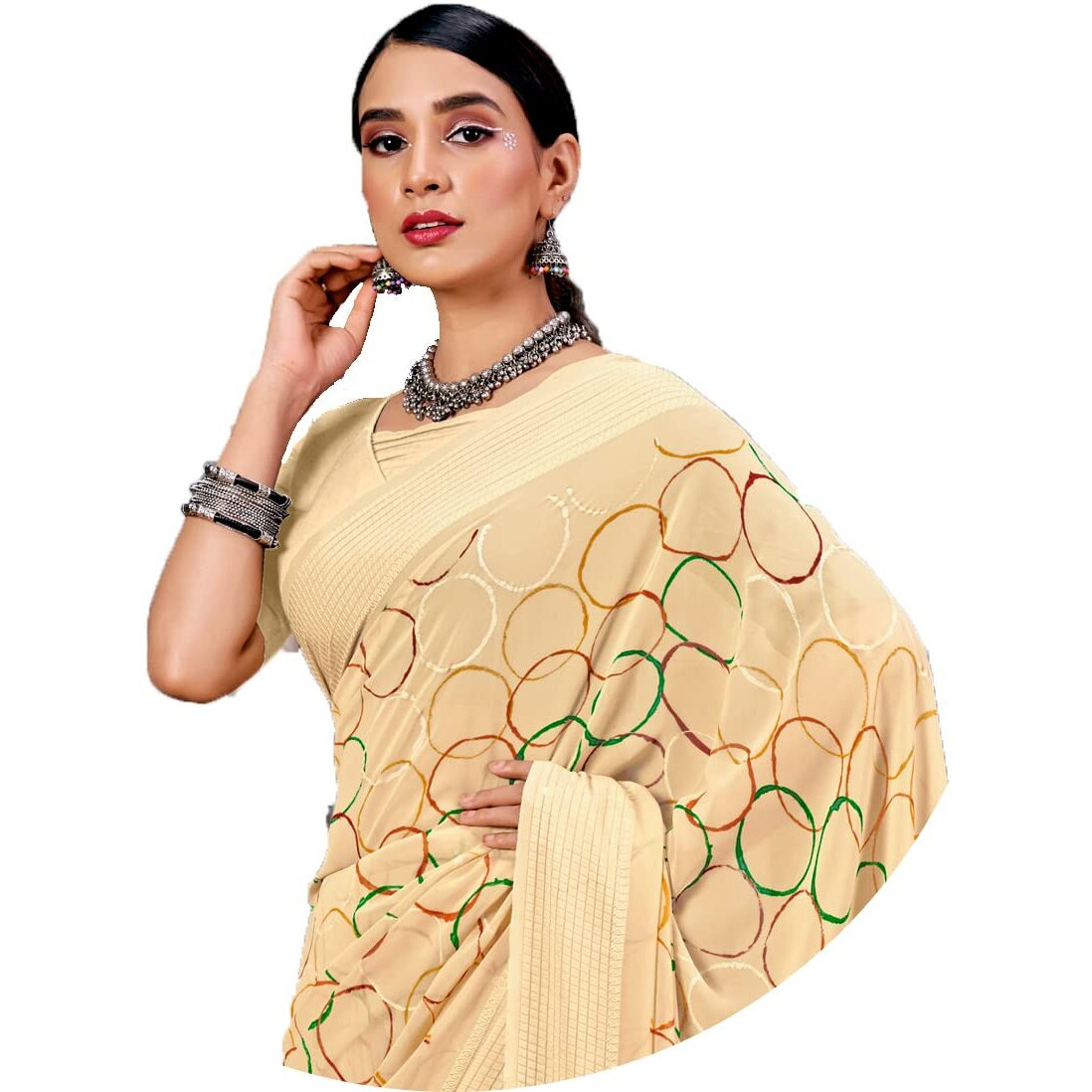 Amazon Brand - Anarva Womens Geometric Printed Light Weight Georgette Saree With Woven Design & Border With Unstitched Blouse Piece (prada-circle-yellow)